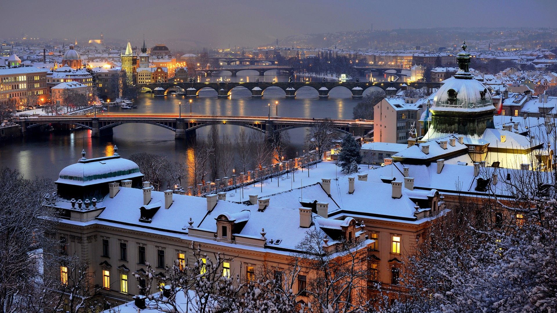 winter, snow, cityscapes, Prague, Czech Republic, evening, cities wallpaper