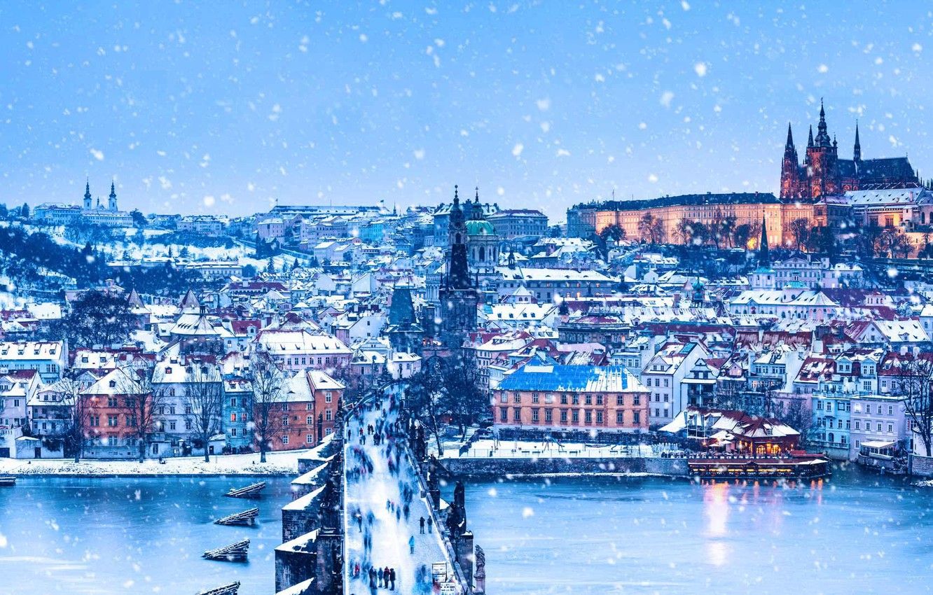 Wallpaper winter, river, Prague, Czech Republic, Christmas, panorama, Charles bridge image for desktop, section город