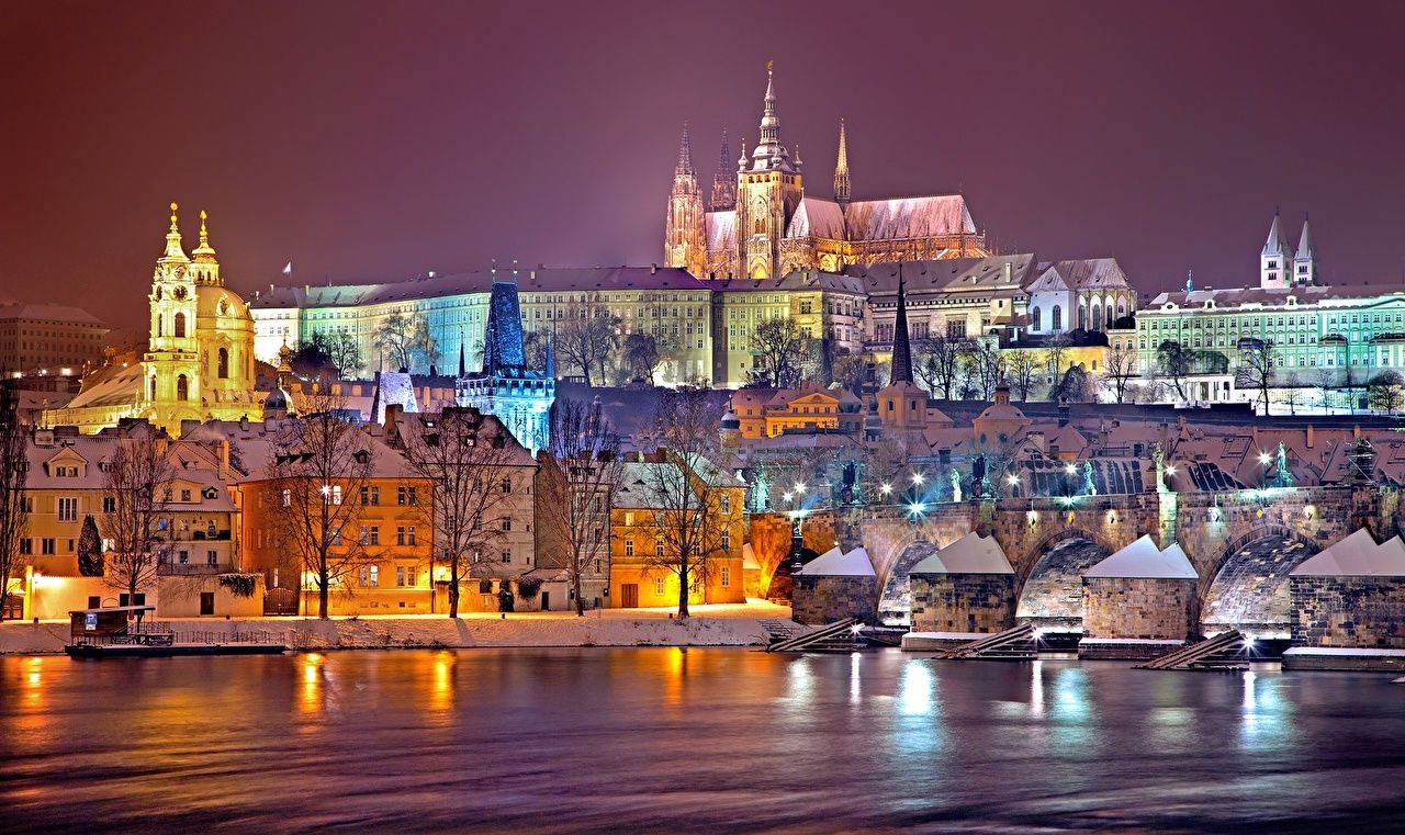 Photo Czech Republic Prague castle, Vltava Winter Night Rivers