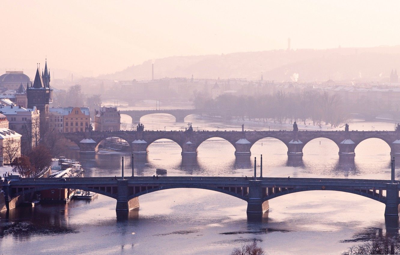 Wallpaper winter, fog, river, Prague, Czech Republic, bridges, Vltava image for desktop, section город