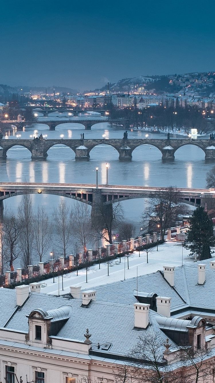 Czech Republic, Prague, Cityscape, Winter, Snow, Bridge, River 750x1334 IPhone 8 7 6 6S Wallpaper, Background, Picture, Image