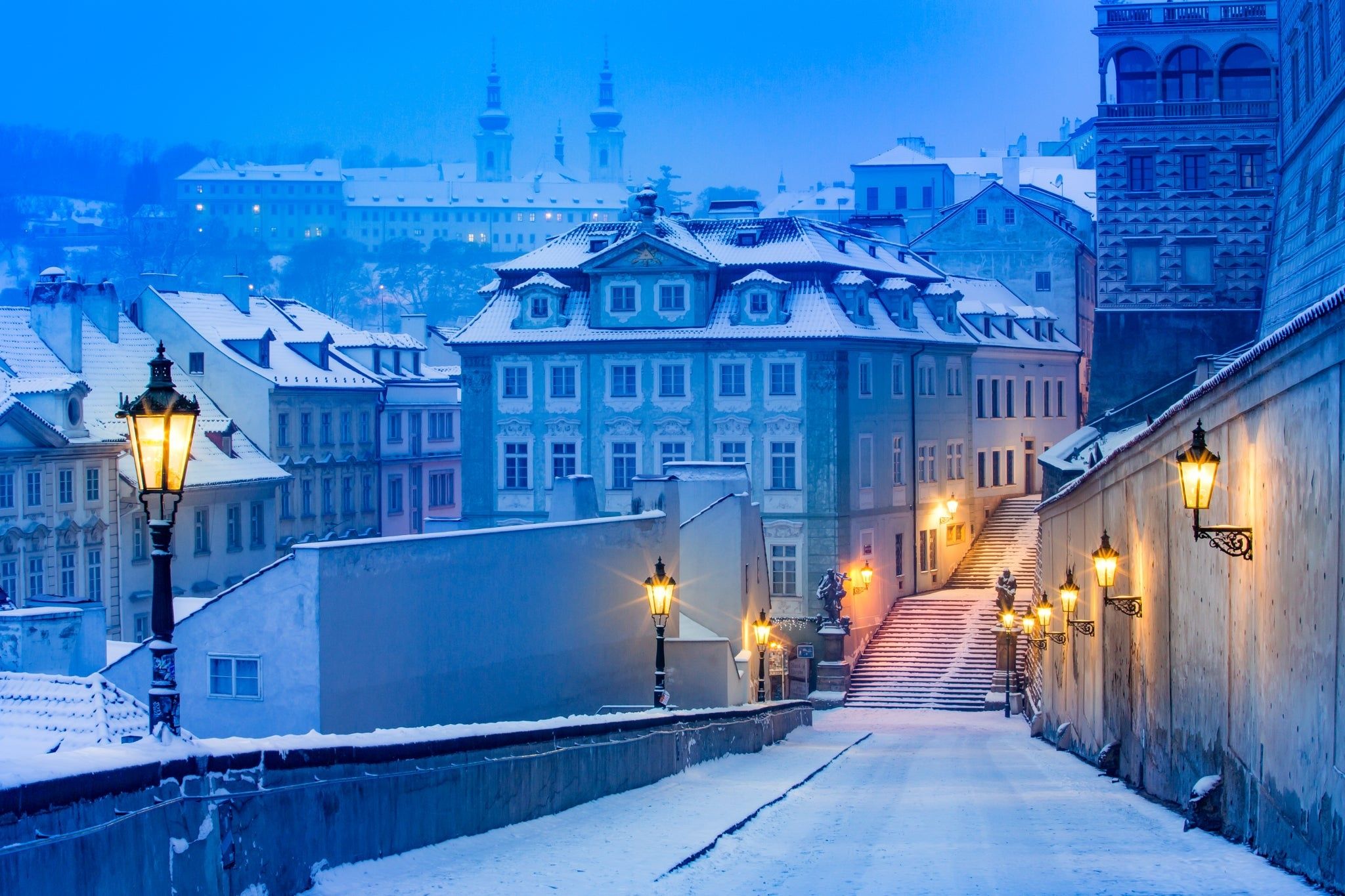 Wallpaper Winter, snow, city, street, houses, Prague, Czech Republic, lights City, nature, landscape photo