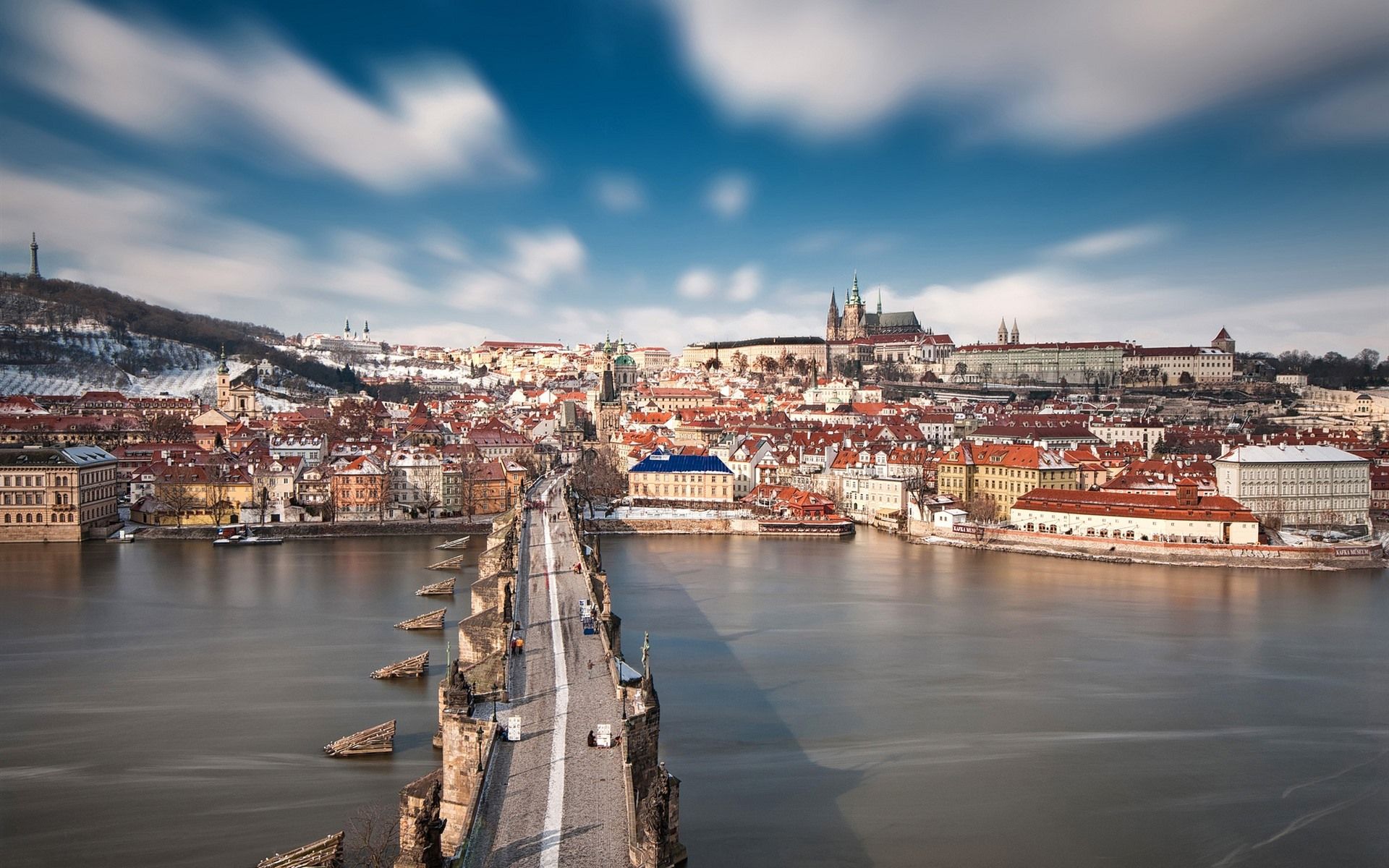 Wallpaper Czech Republic, Prague, Charles Bridge, Vltava river, city, snow, winter 1920x1200 HD Picture, Image
