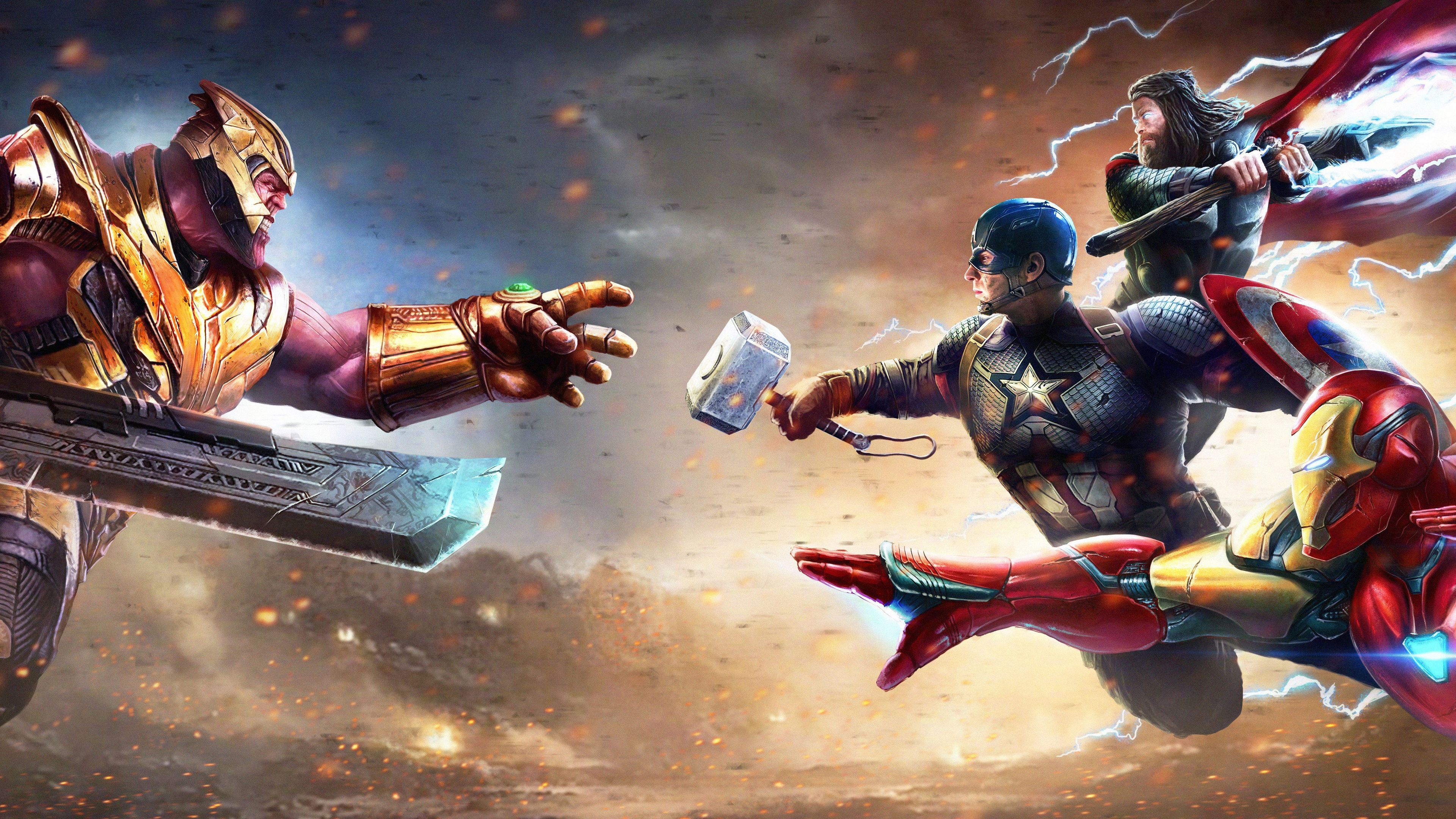 Wallpaper 4k Thanos Vs Iron Man Thor Captain America 4k Wallpaper, Artwork Wallpaper, Captain America Wallpaper, Digital Art Wallpaper, Hd Wallpaper, Iron Man Wallpaper, Superheroes Wallpaper, Supervillain Wallpaper, Thanos Wallpaper, Thor