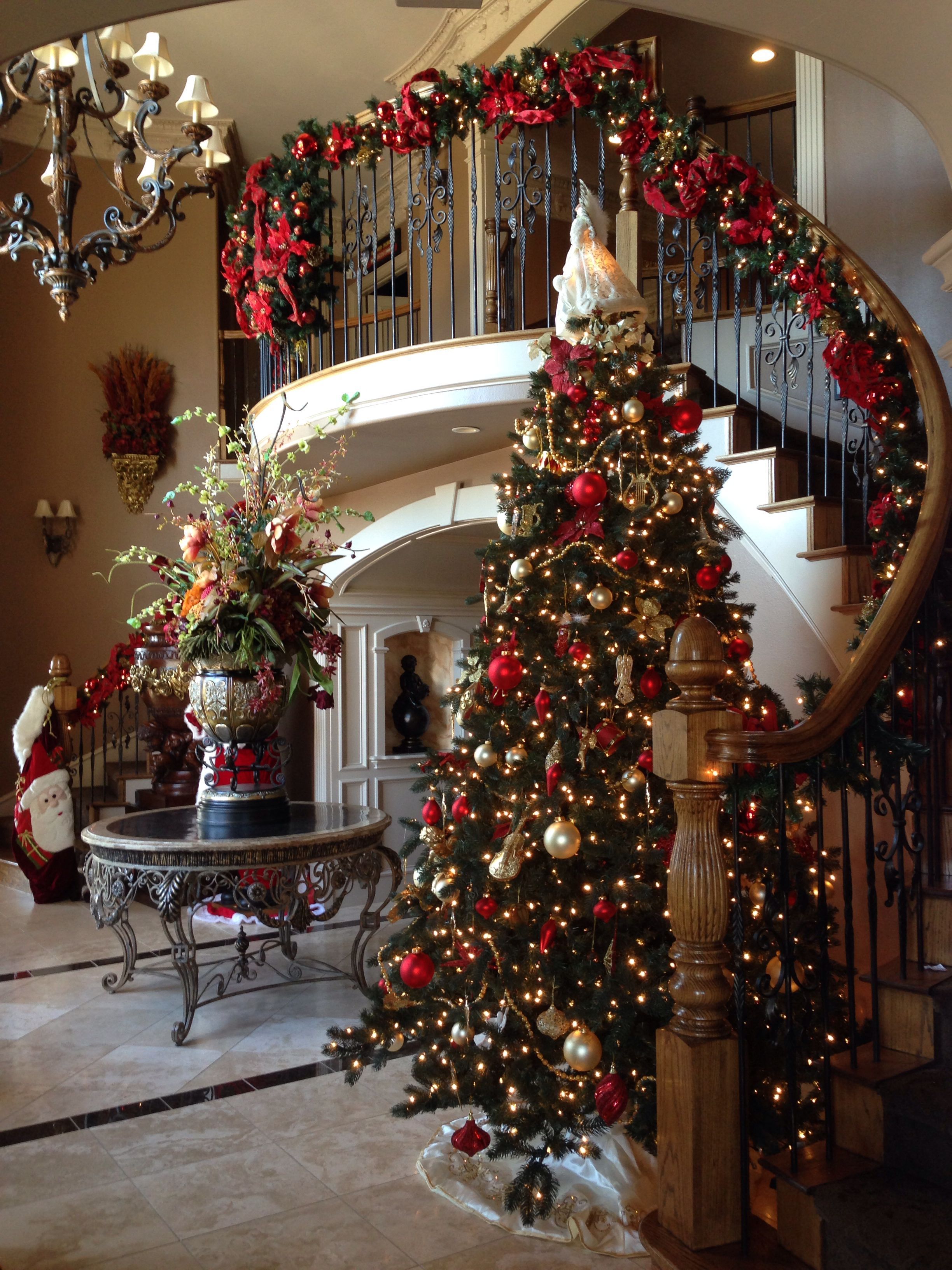 My foyer decorated for Christmas. Christmas staircase, Indoor christmas decorations, Christmas entryway