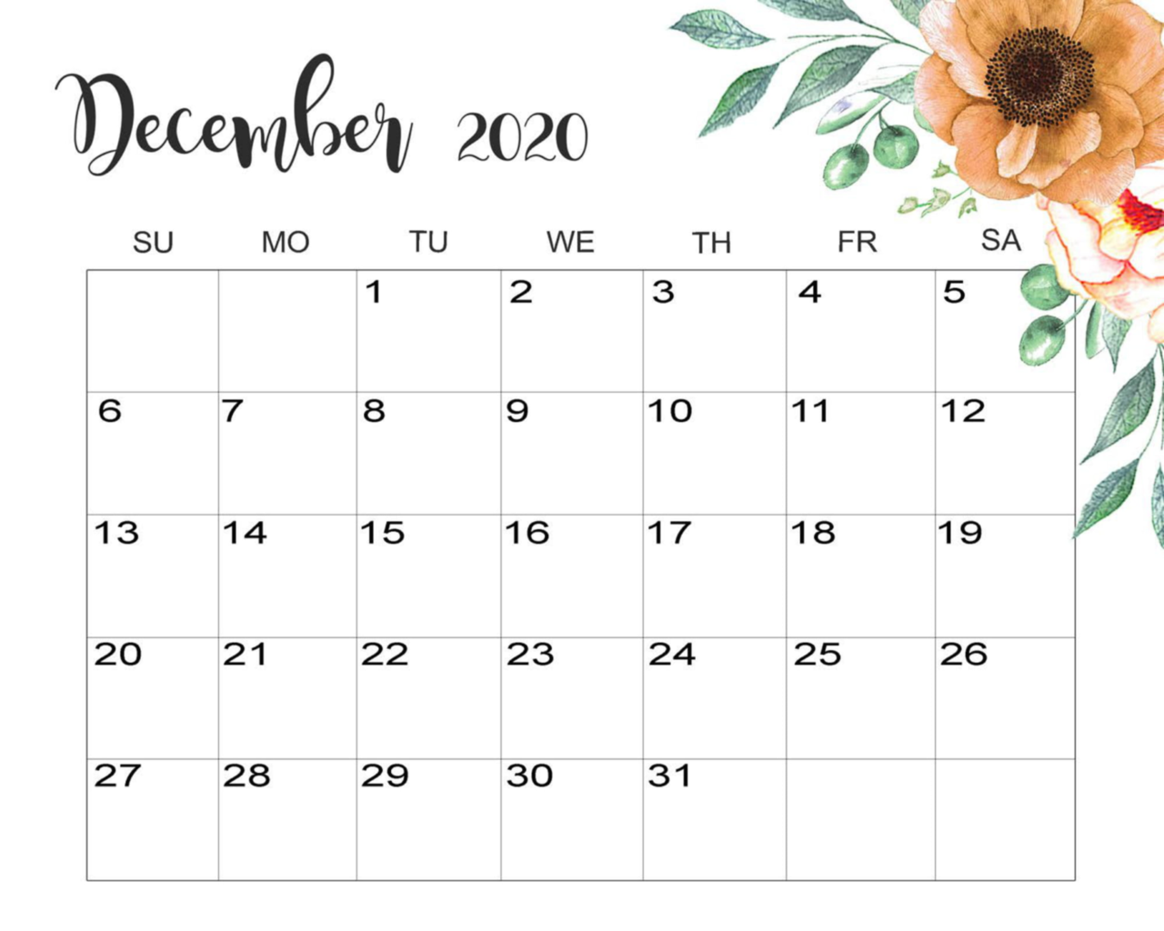 43+ December 2020 Calendar Printable Cute Images