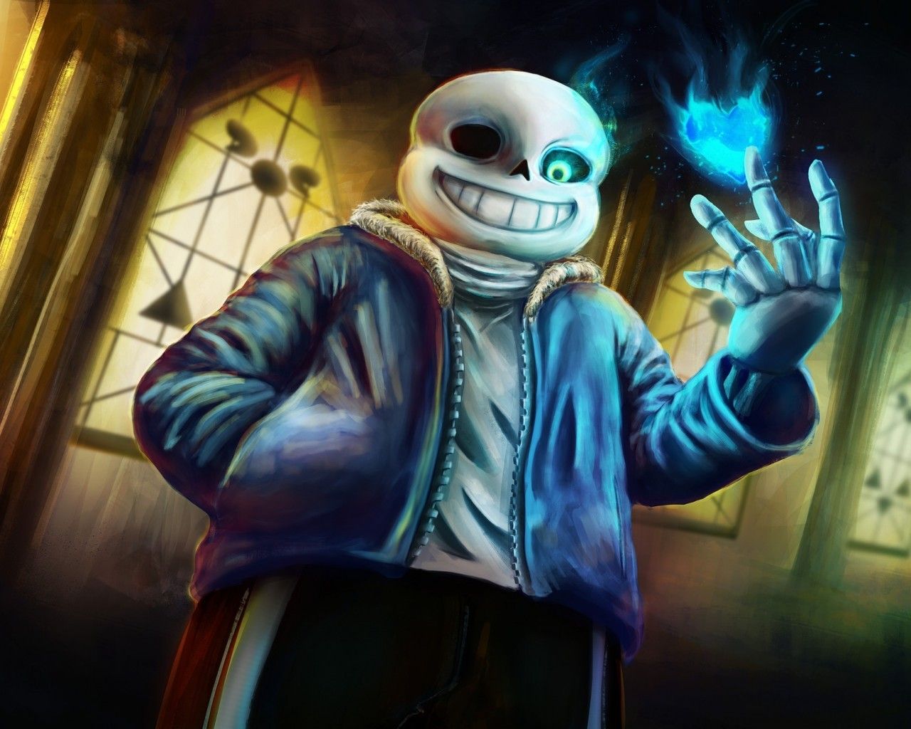 Download 1280x1024 Undertale, Sans, Anime Style, Creepy Smile, Blue Magic, Heart Wallpaper