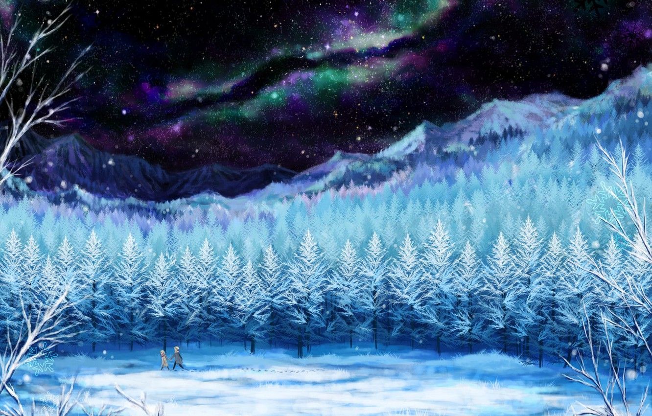 Wallpaper winter, the sky, girl, stars, snow, trees, landscape, night, traces, nature, Northern lights, anime, art, guy, setsuri image for desktop, section прочее
