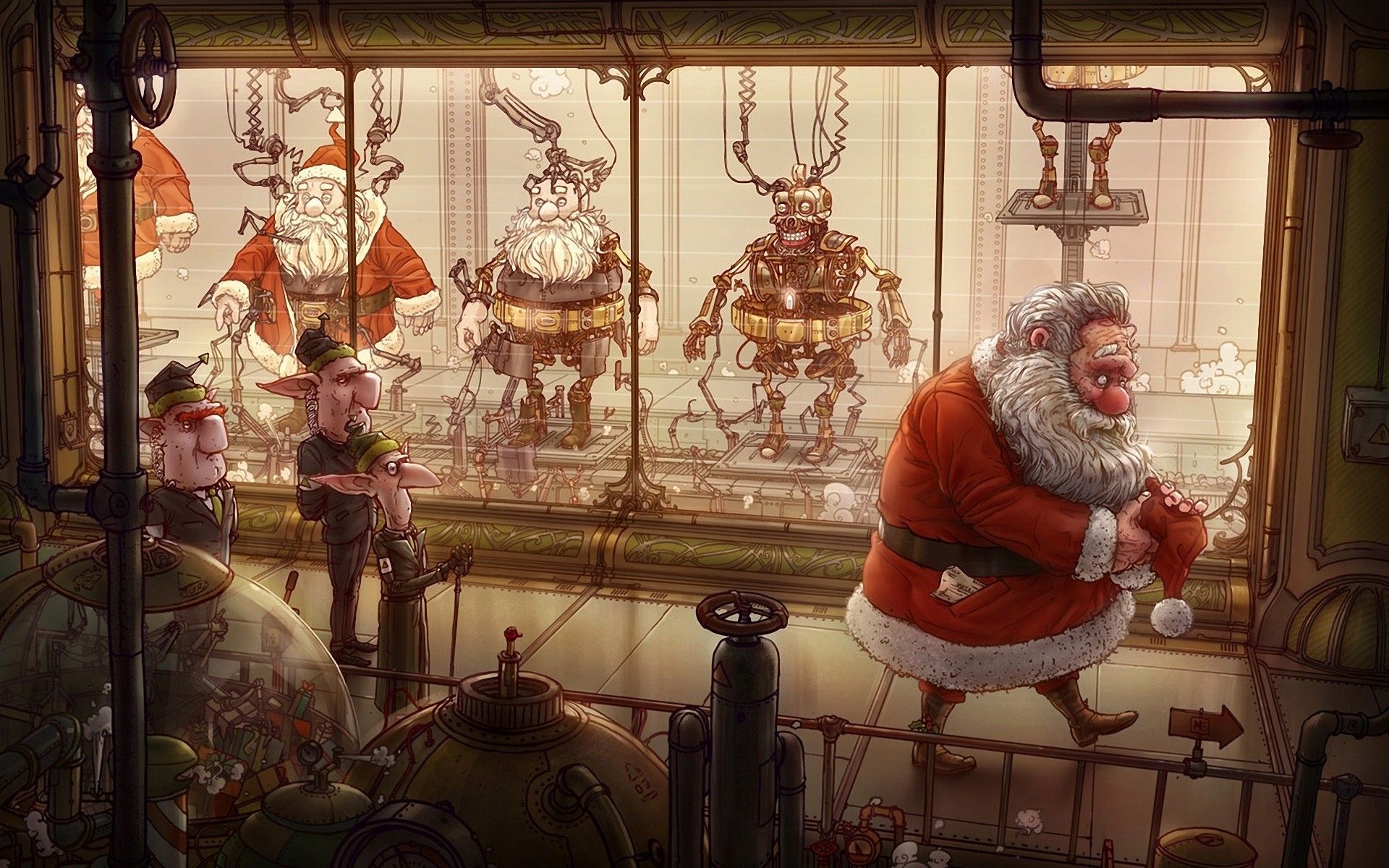 robots, humor, Christmas, Santa Claus, artwork, Michal Dziekan wallpaper