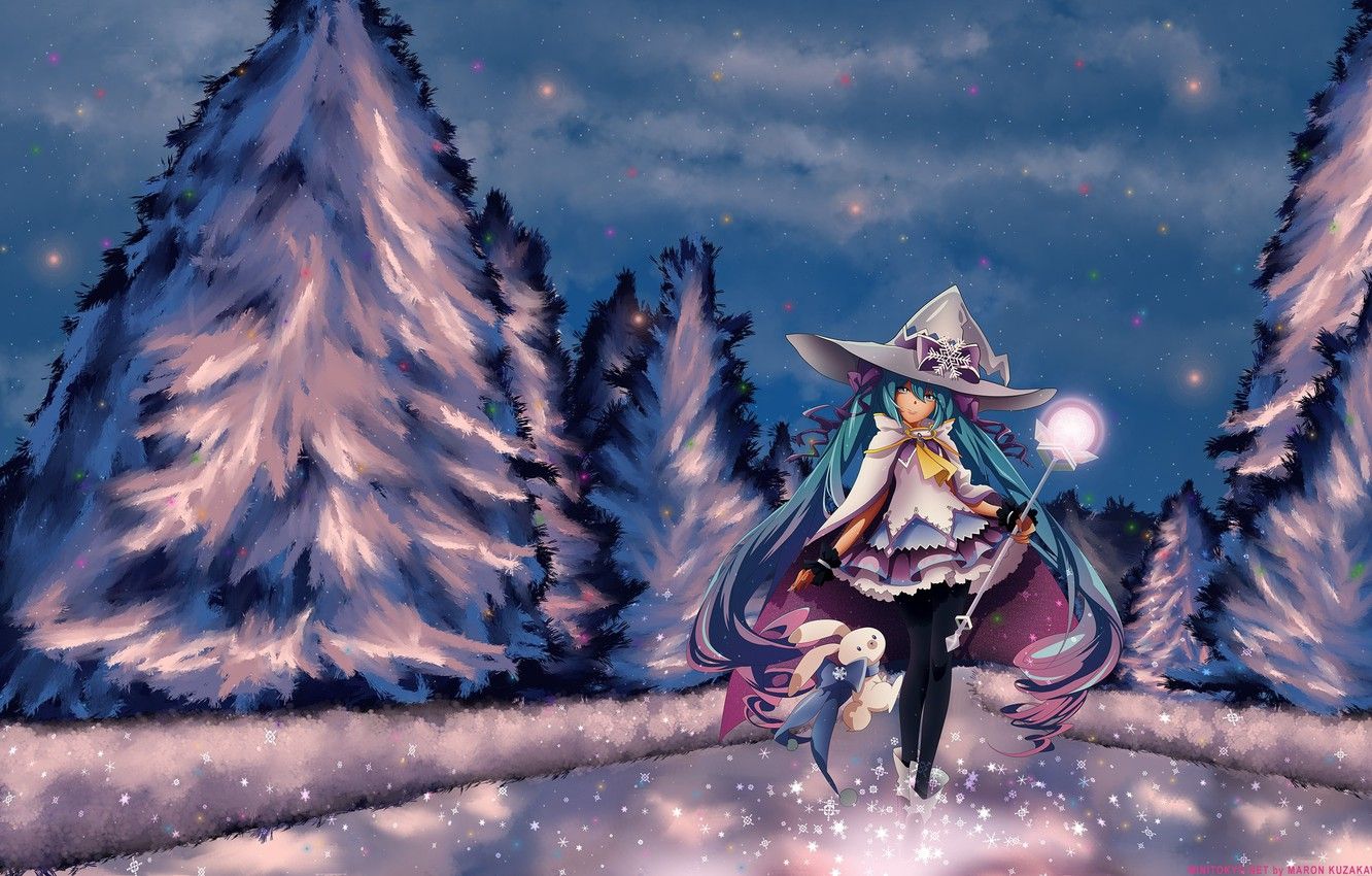 Wallpaper winter, the sky, girl, stars, clouds, snow, trees, snowflakes, magic, hare, spruce, hat, anime, art, staff, vocaloid image for desktop, section прочее