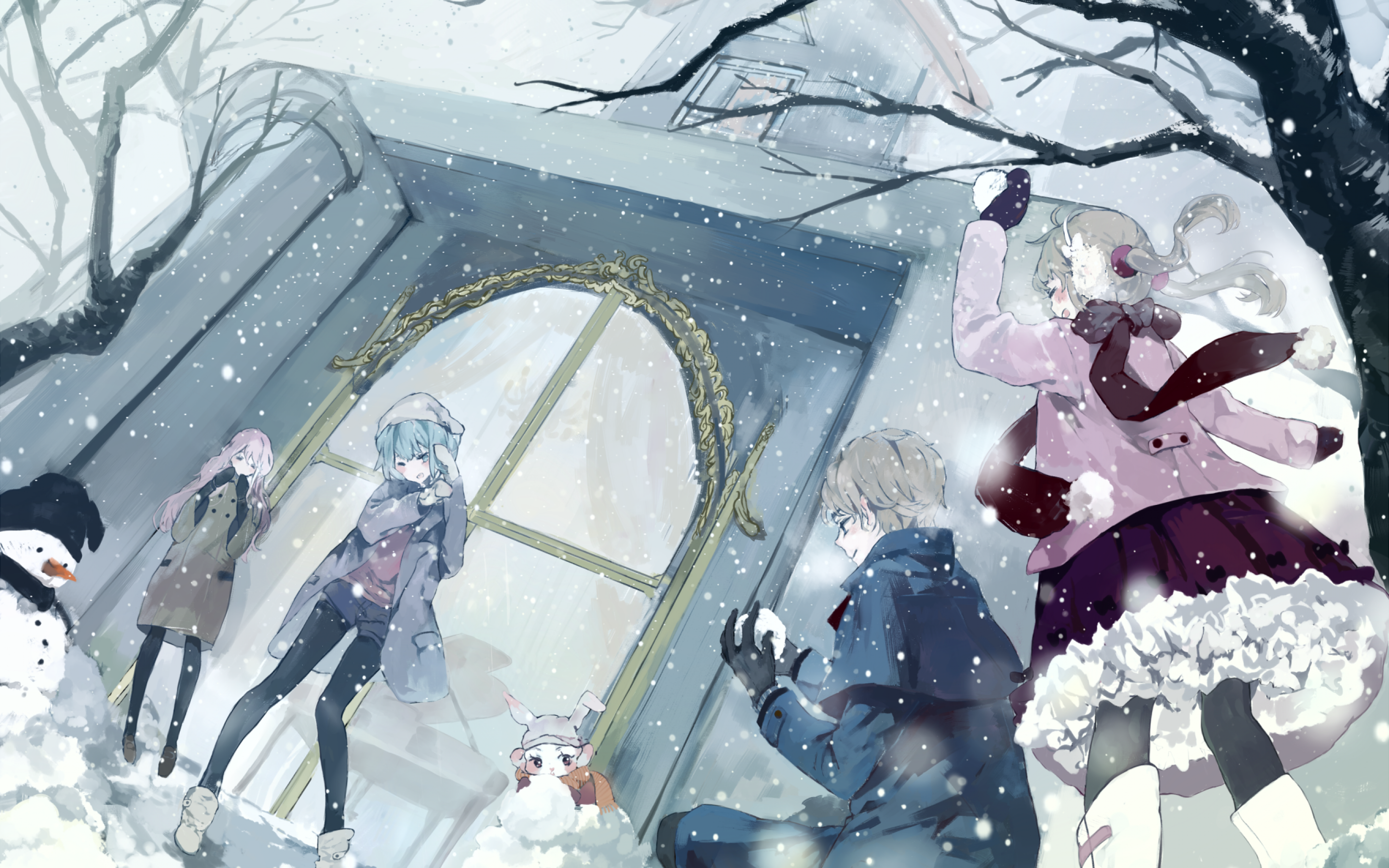 Anime Winter, Snow, Tree, Snowball, Snowman HD Wallpaper