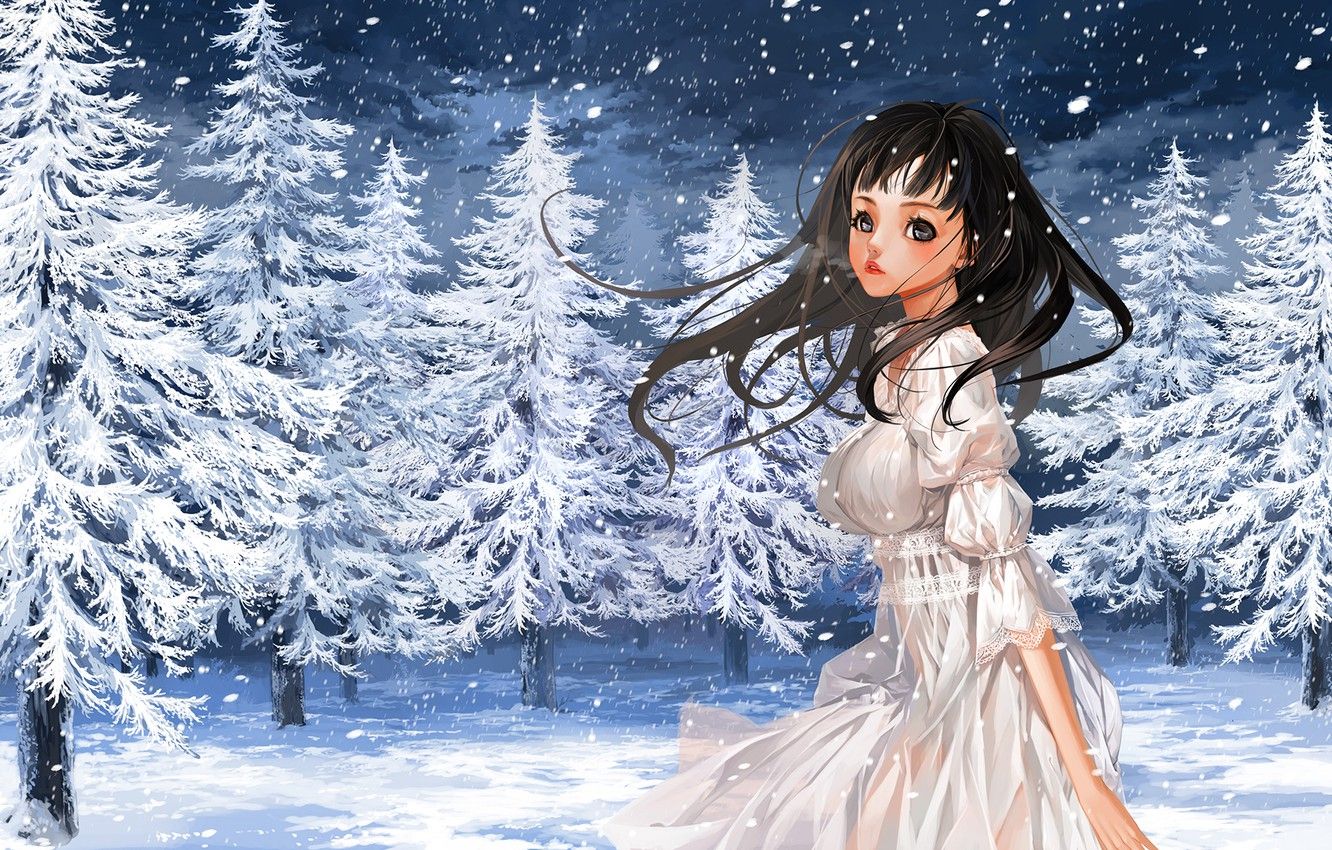 Wallpaper winter, girl, snow, nature, tree, anime, art, couples, justminor image for desktop, section сёдзё