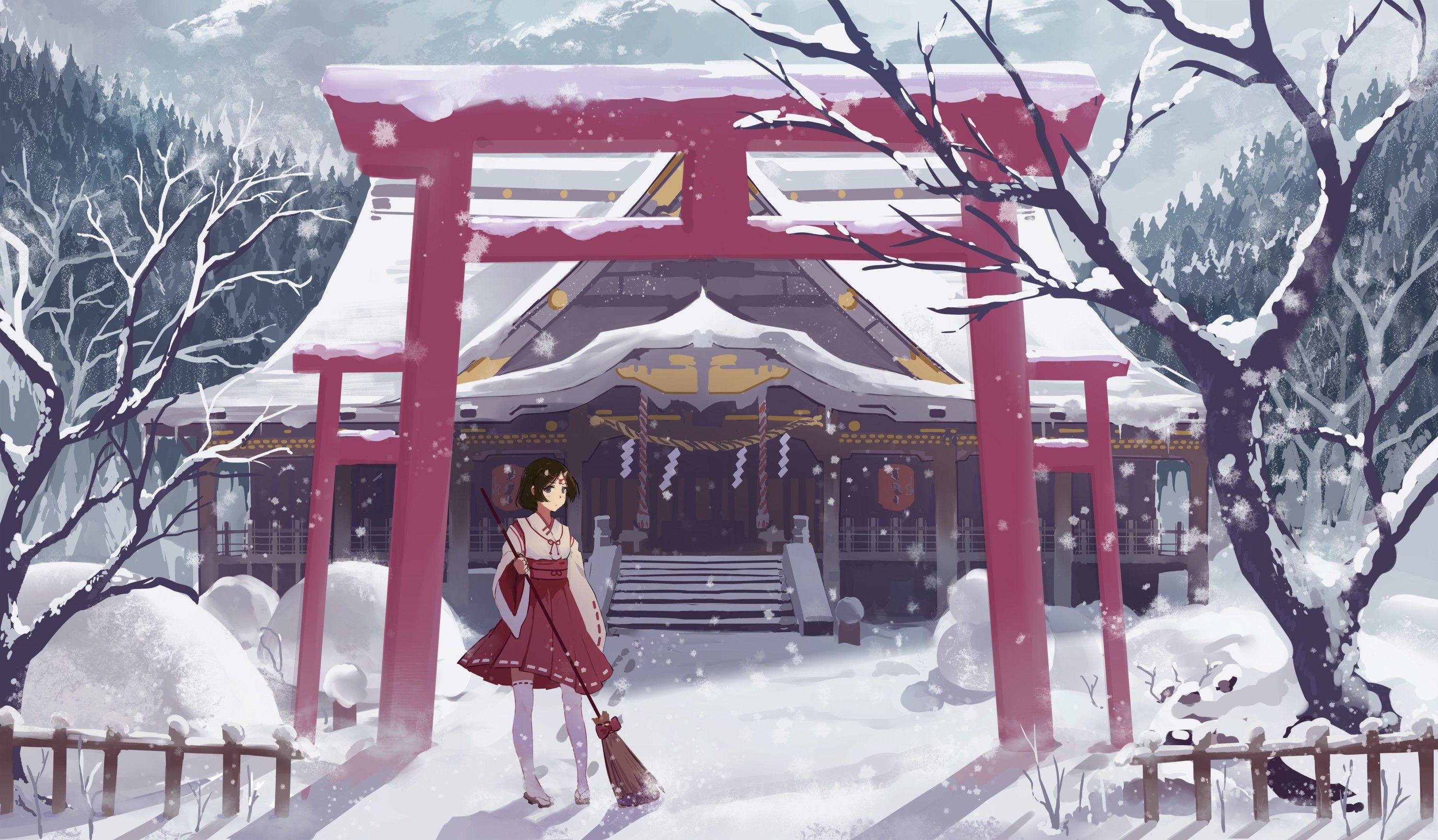#arch, #building, #dress, #anime girls, #mountains, #house, #original characters, #forest, #snow, #miko, #trees, #winter, #Asian architecture, #shrine, wallpaper