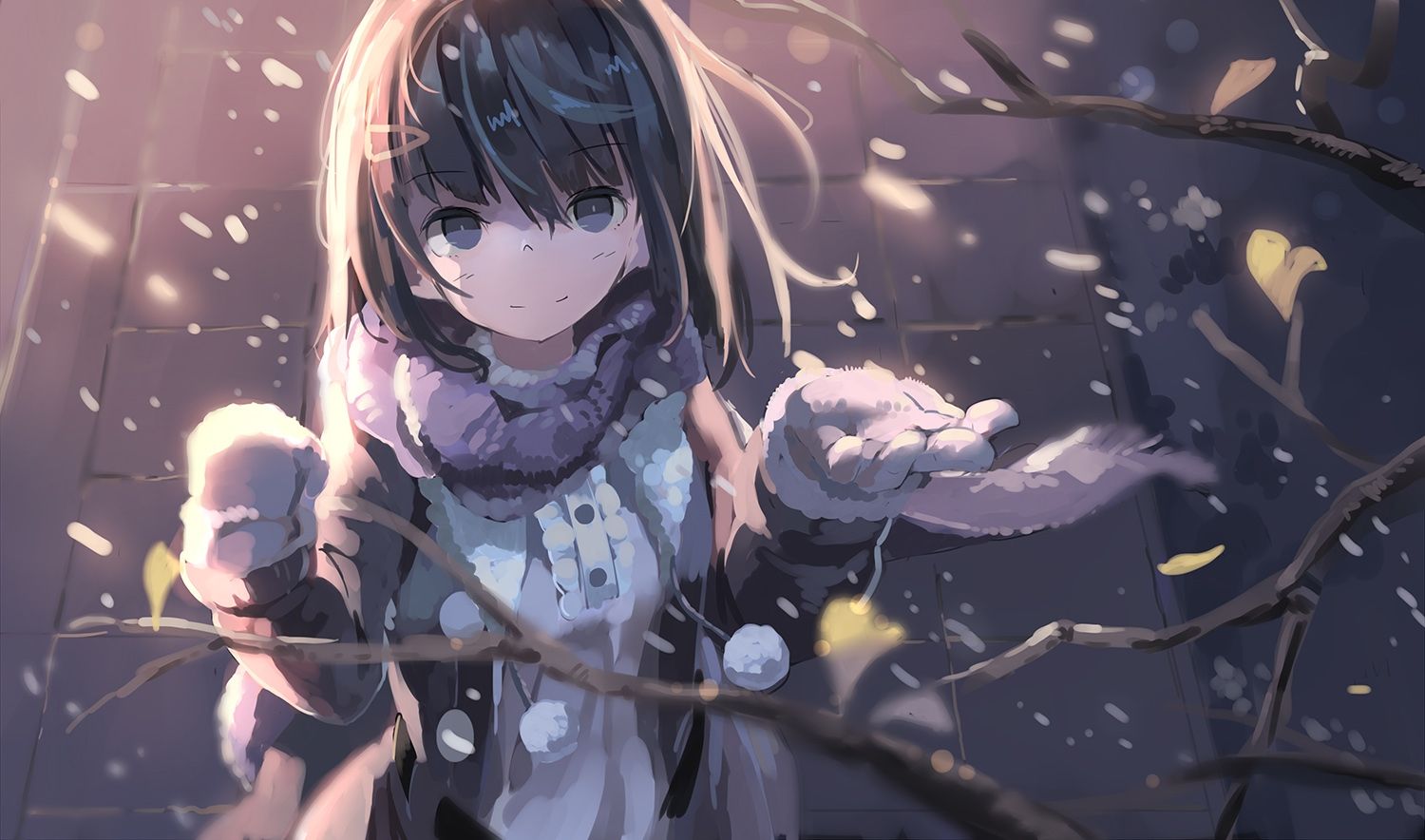 Wallpaper Anime Girl, Winter, Snow, Tree, Wind, Short Hair, Scarf