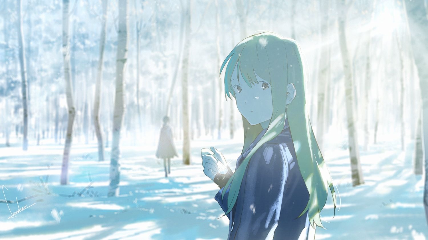 forest green hair long hair loundraw original signed snow tree winter. konachan.com.com Anime Wallpaper
