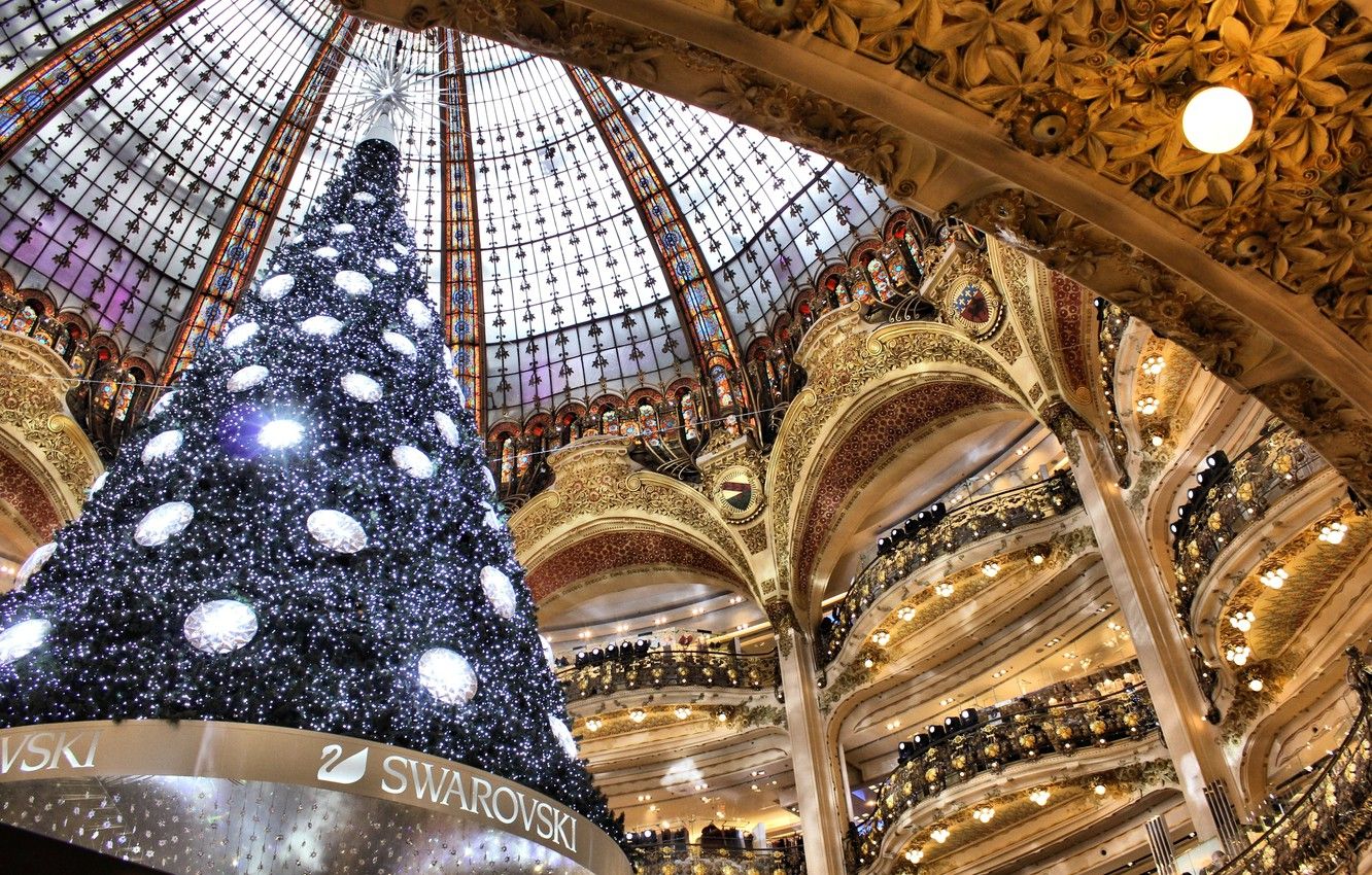 Wallpaper France, Paris, New year, Christmas tree, Galeries Lafayette, Swarovski image for desktop, section новый год