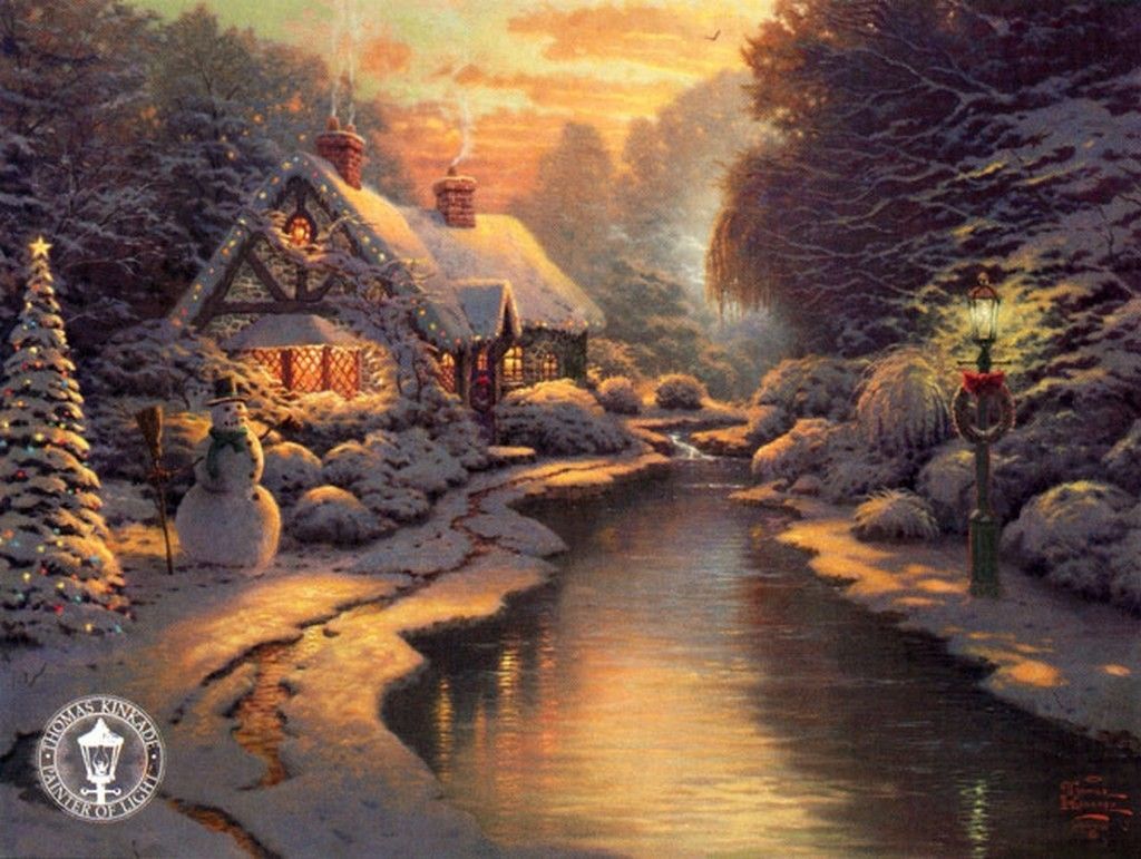 Winter Time Thomas Kinkade House Oil Painted Best Wallpaper Kinkade Christmas Background Wallpaper & Background Download