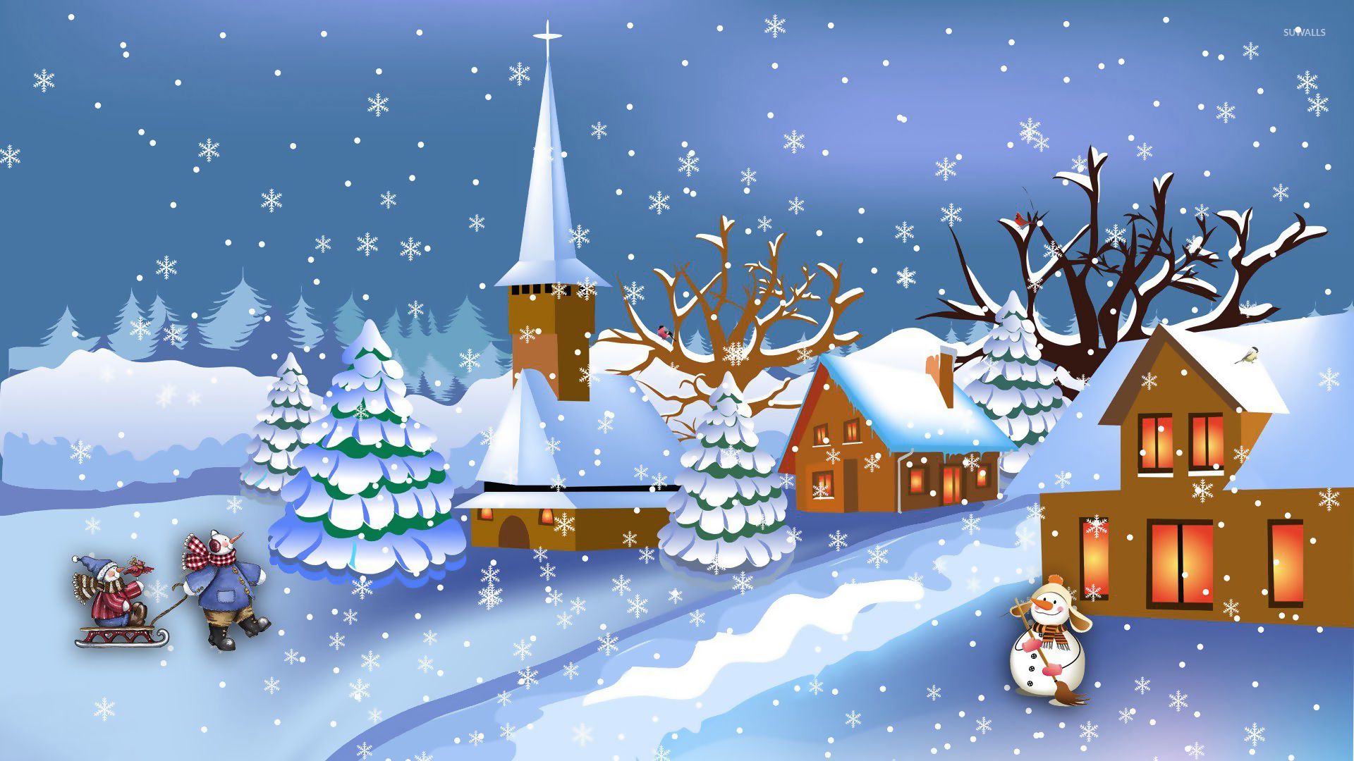 Splendid winter night in the snowman town wallpaper Art wallpaper