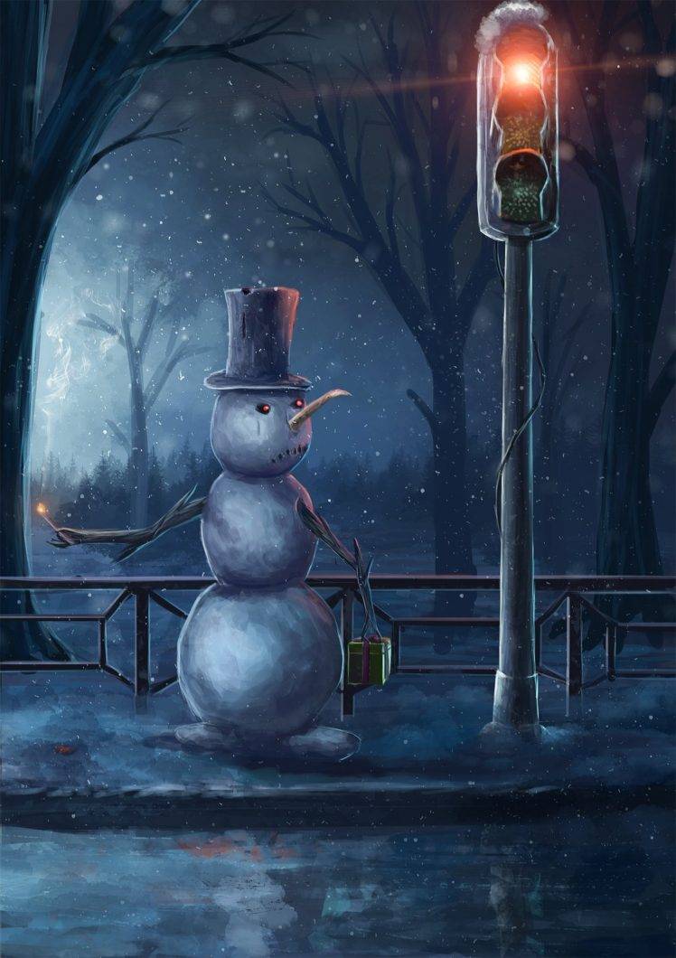 drawing, Snow, Winter, Snowman, Top hats, Branch, Snowflakes, Traffic lights, Trees, Presents, Sad Wallpaper HD / Desktop and Mobile Background