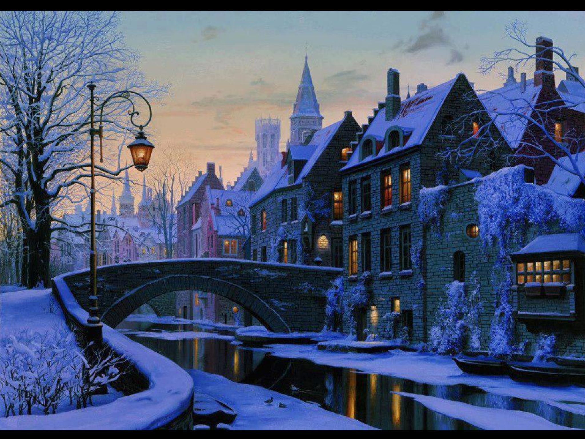 Winter in a European village. City painting, Wonders of the world, Winter scenes