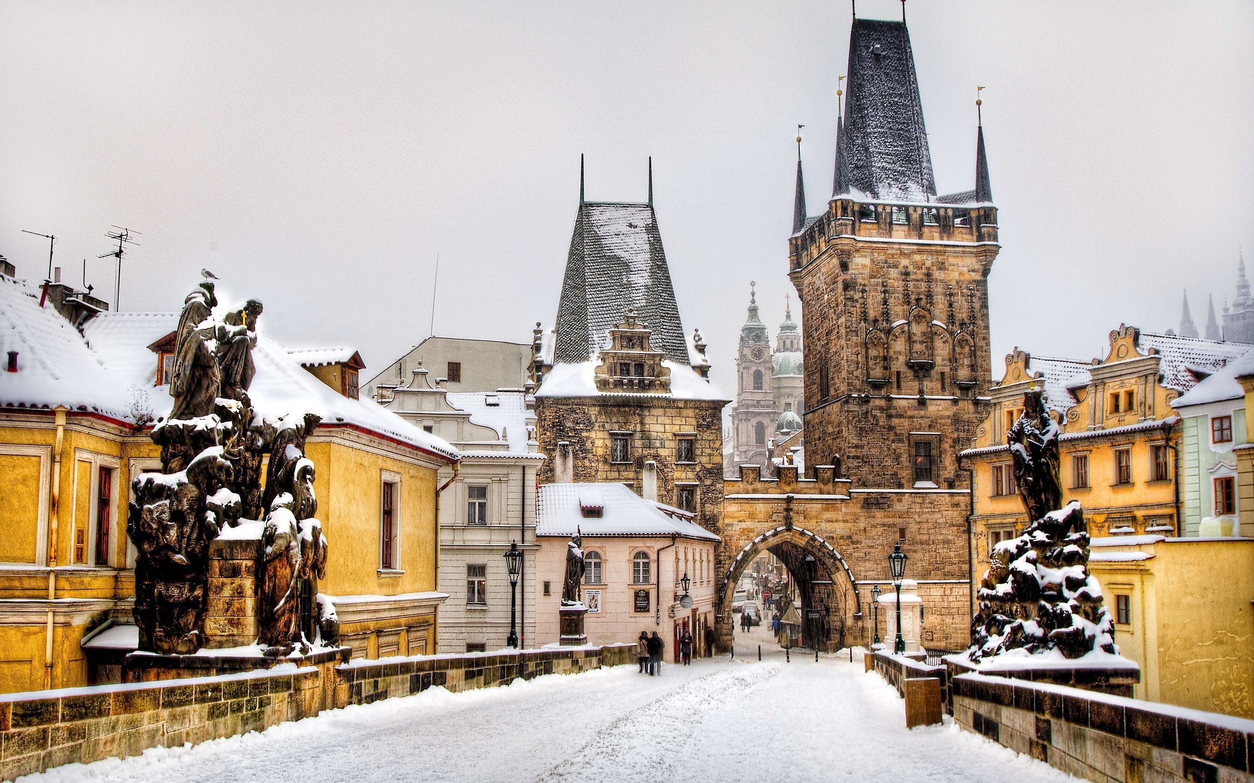 snow, cityscapes, bridges, Europe, Prague, cities wallpaper