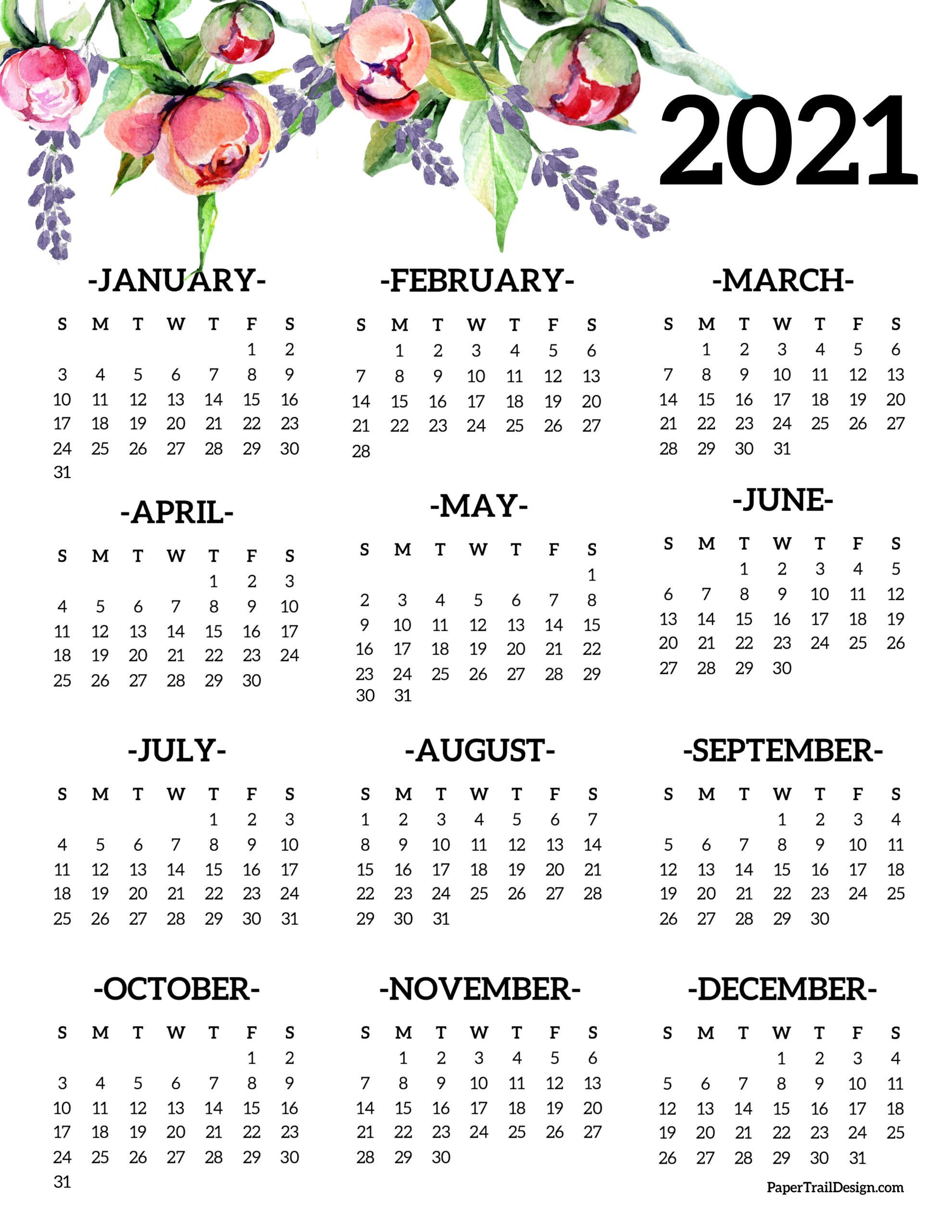 Free Printable 2021 One Page Floral Calendar. Paper Trail Design. Printable yearly calendar, Calendar printables, Print calendar