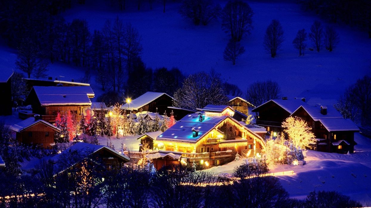 France holidays christmas night lights festive winter snow architecture building house mountains hill trees place wallpaperx1080