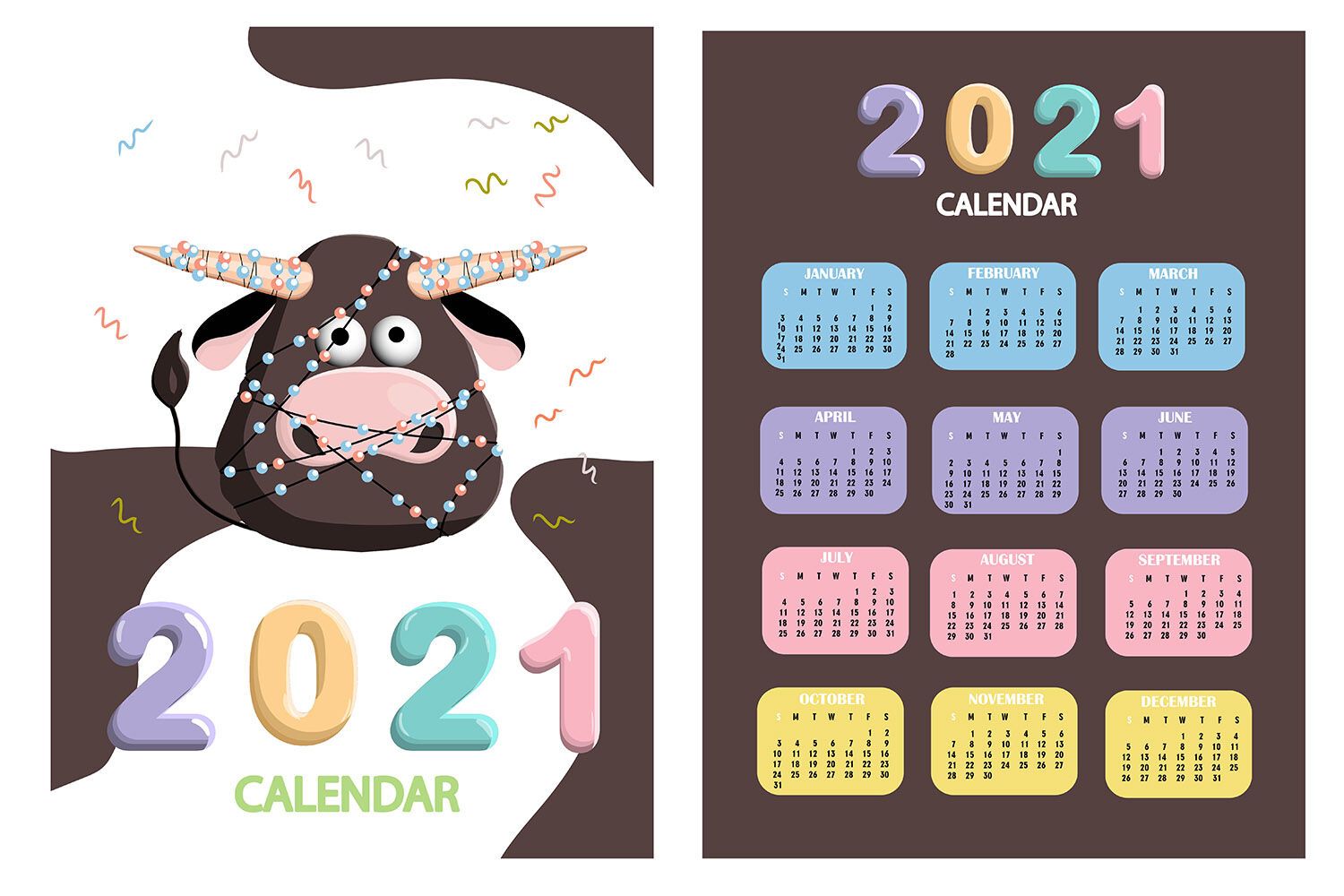 Calendar 2021. Cute design. Symbol of the year bull or ox. Just print By Annetart