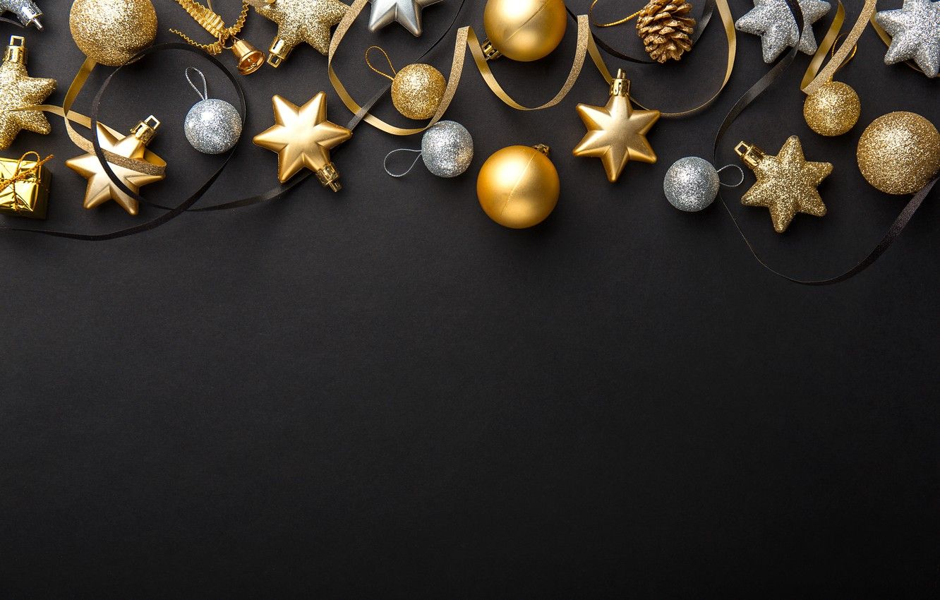 Wallpaper holiday, balls, new year, decoration, black background, decor, Gold image for desktop, section новый год