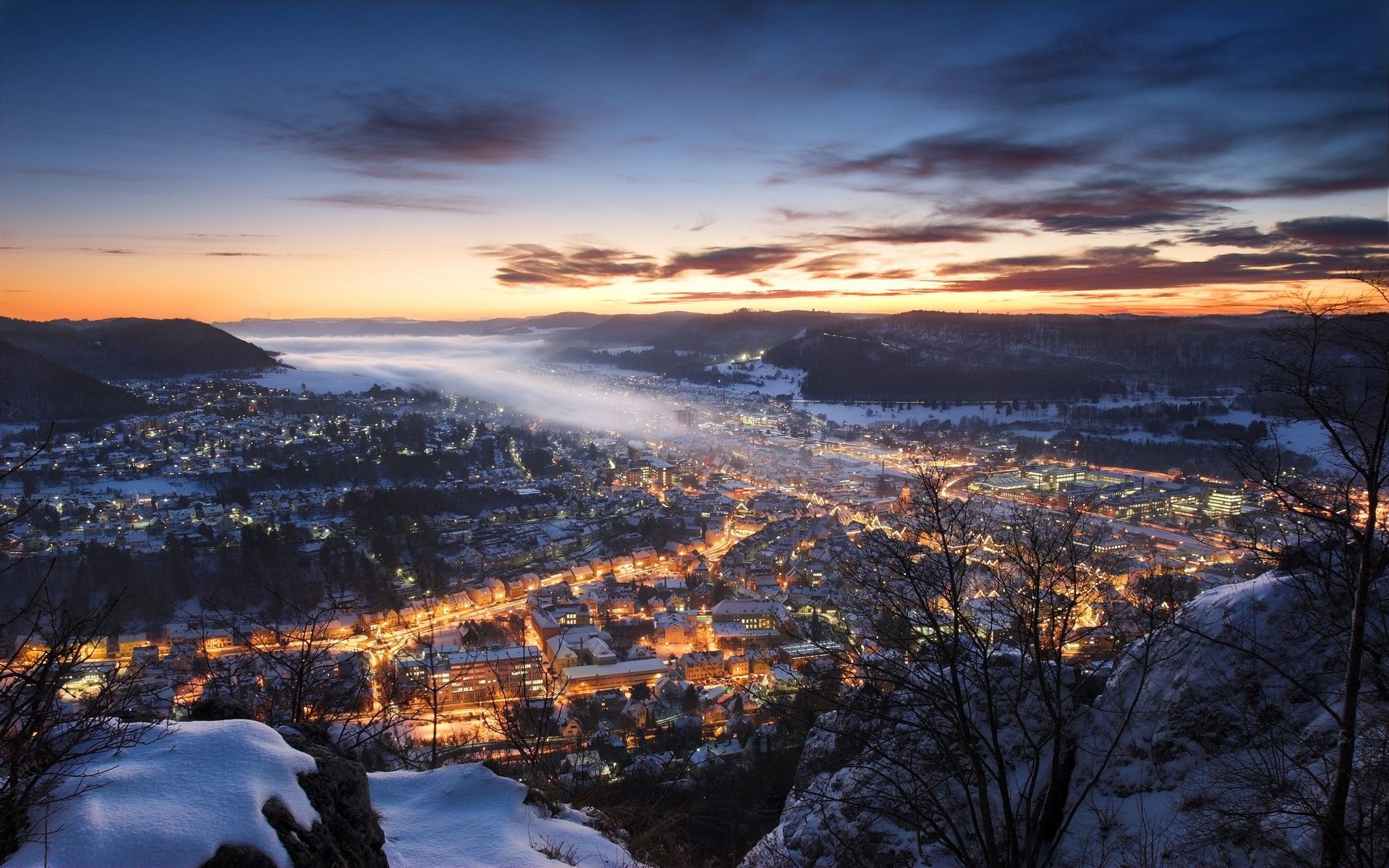 nature, Landscape, Mist, Cityscape, Sunset, Winter, Hill, Germany, Snow, Clouds, Europe, Lights, City Wallpaper HD / Desktop and Mobile Background