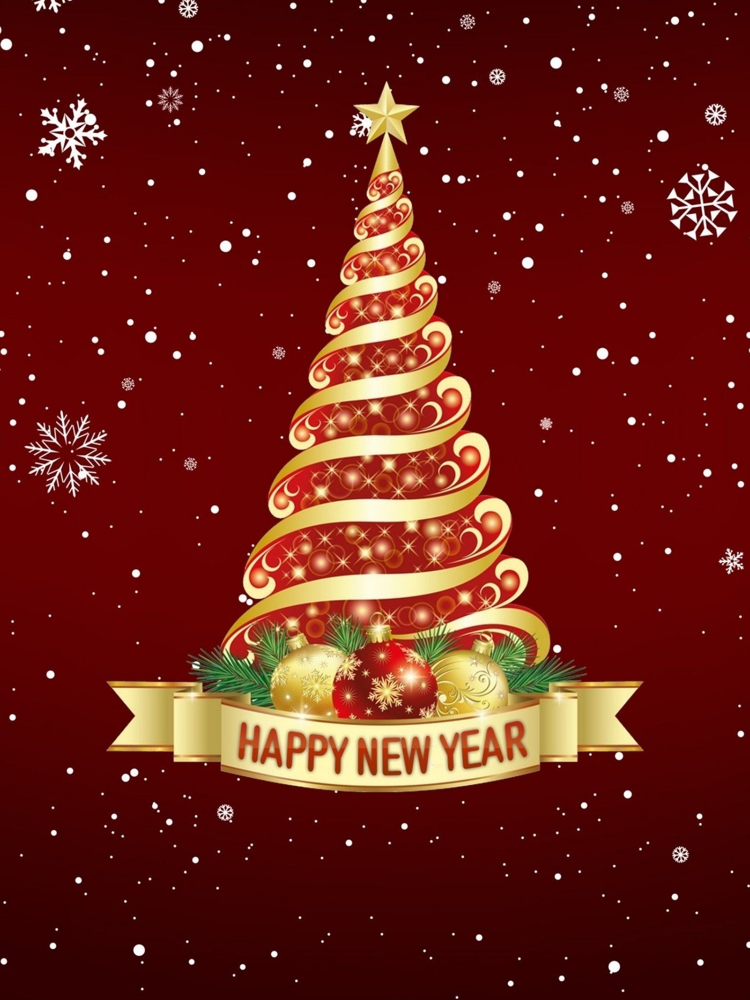 Download 1536x2048 Happy New Year Christmas Tree, Snowflakes, Design Wallpaper for Apple iPad Mini, Apple IPad 4