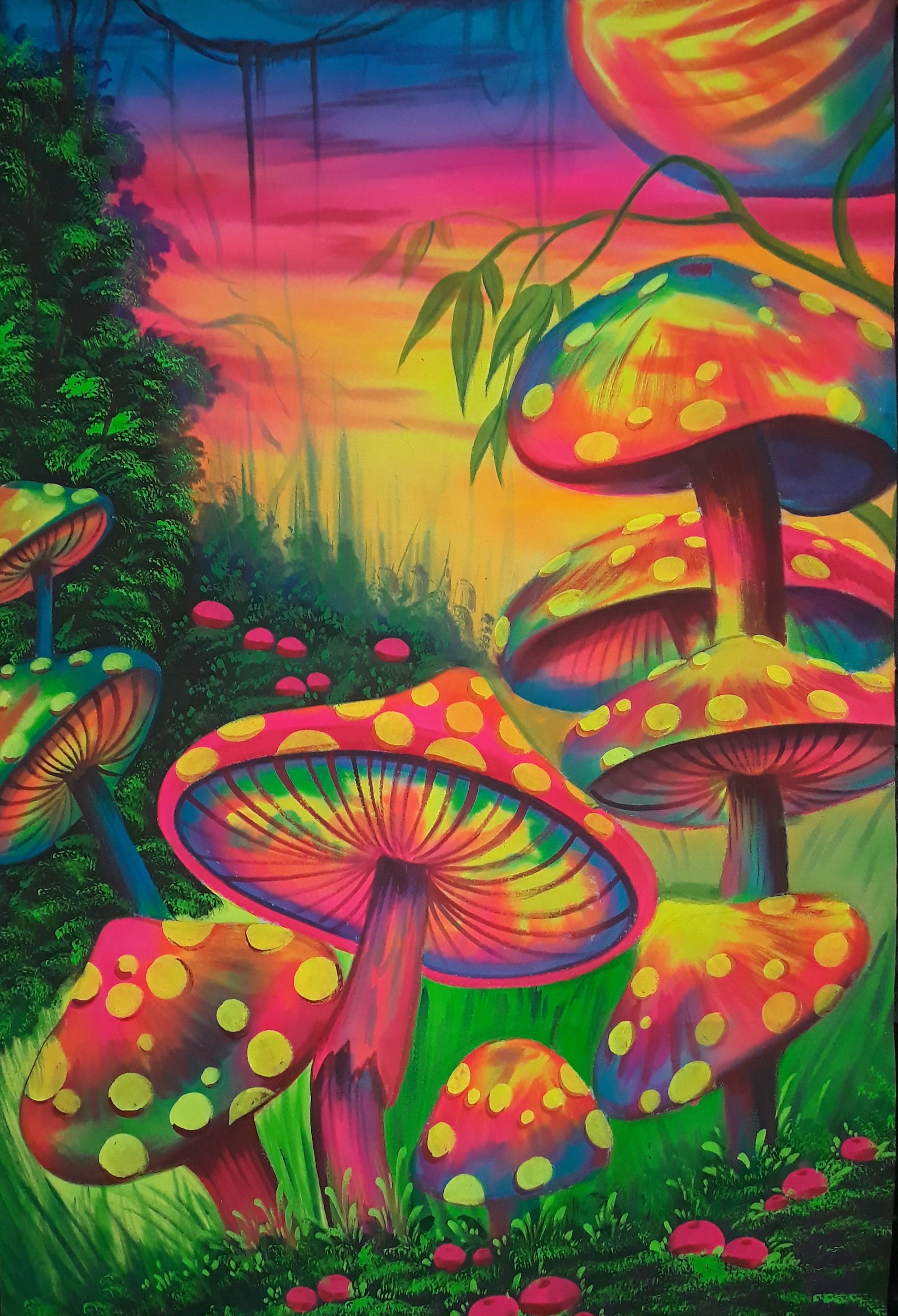 Mushrooms, Fluorescent painting Glow in dark, UV Glow, Blacklight Art, UV Glow painting. Trippy painting, Hippie painting, Art