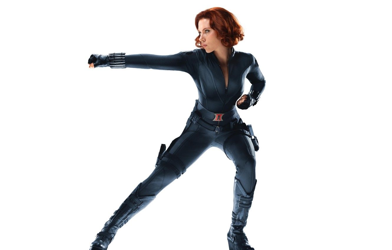 Wallpaper girl, pose, Scarlett Johansson, white background, The Avengers, black widow image for desktop, section фильмы
