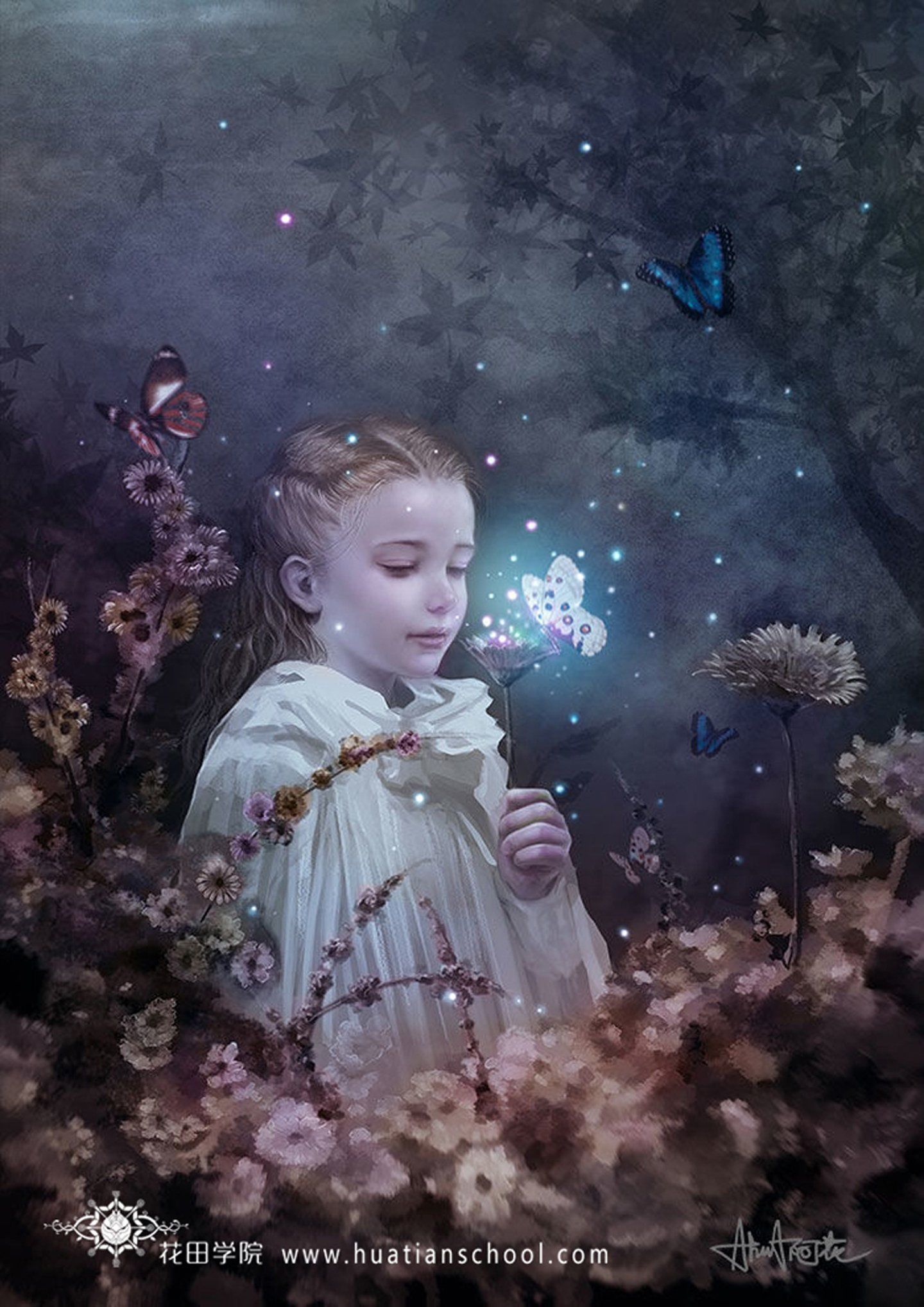 fantasy, Girl, Dress, Flowers, Rose, Beautiful, Forest, Child, Butterfly Wallpaper HD / Desktop and Mobile Background