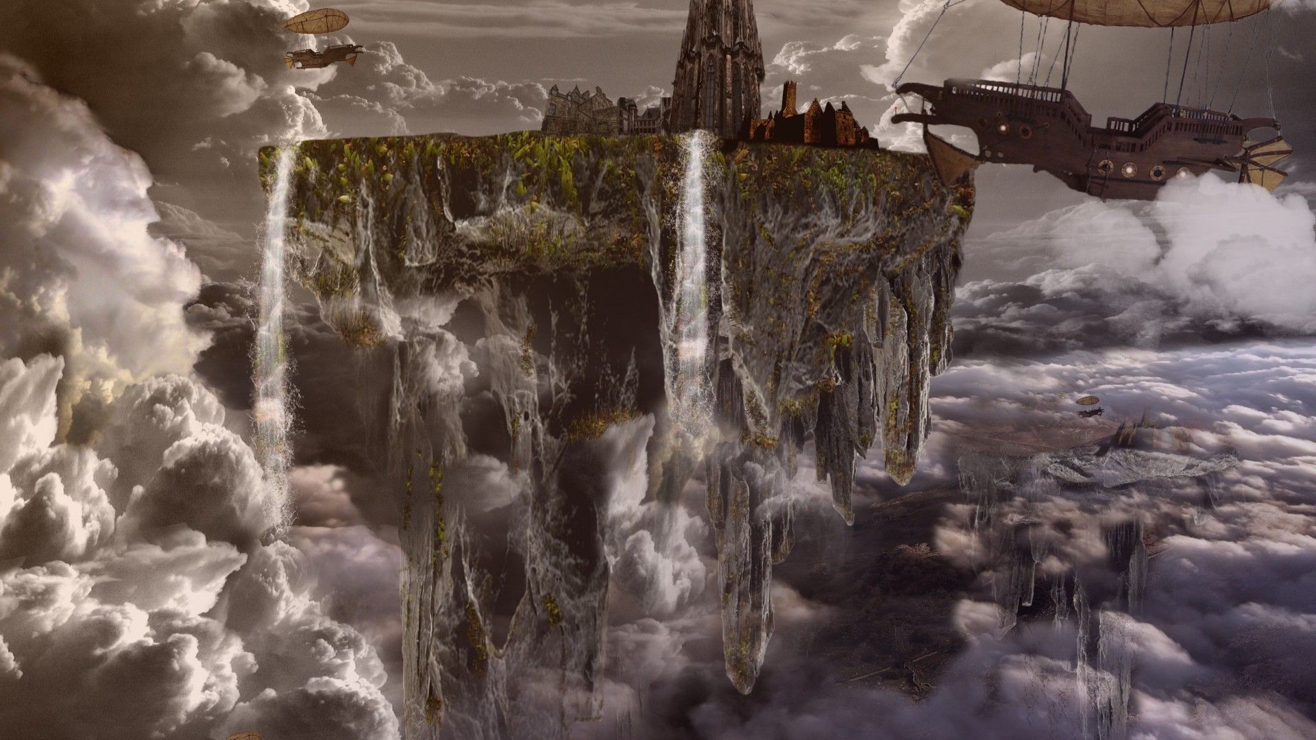 fantasy land fairy tale flying boat top ultra- HD Background