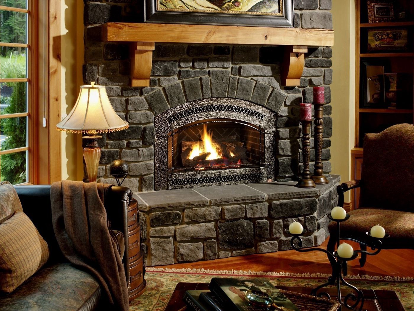 Download wallpaper 1400x1050 fireplace, chair, comfort, evening, cozy atmosphere standard 4:3 HD background