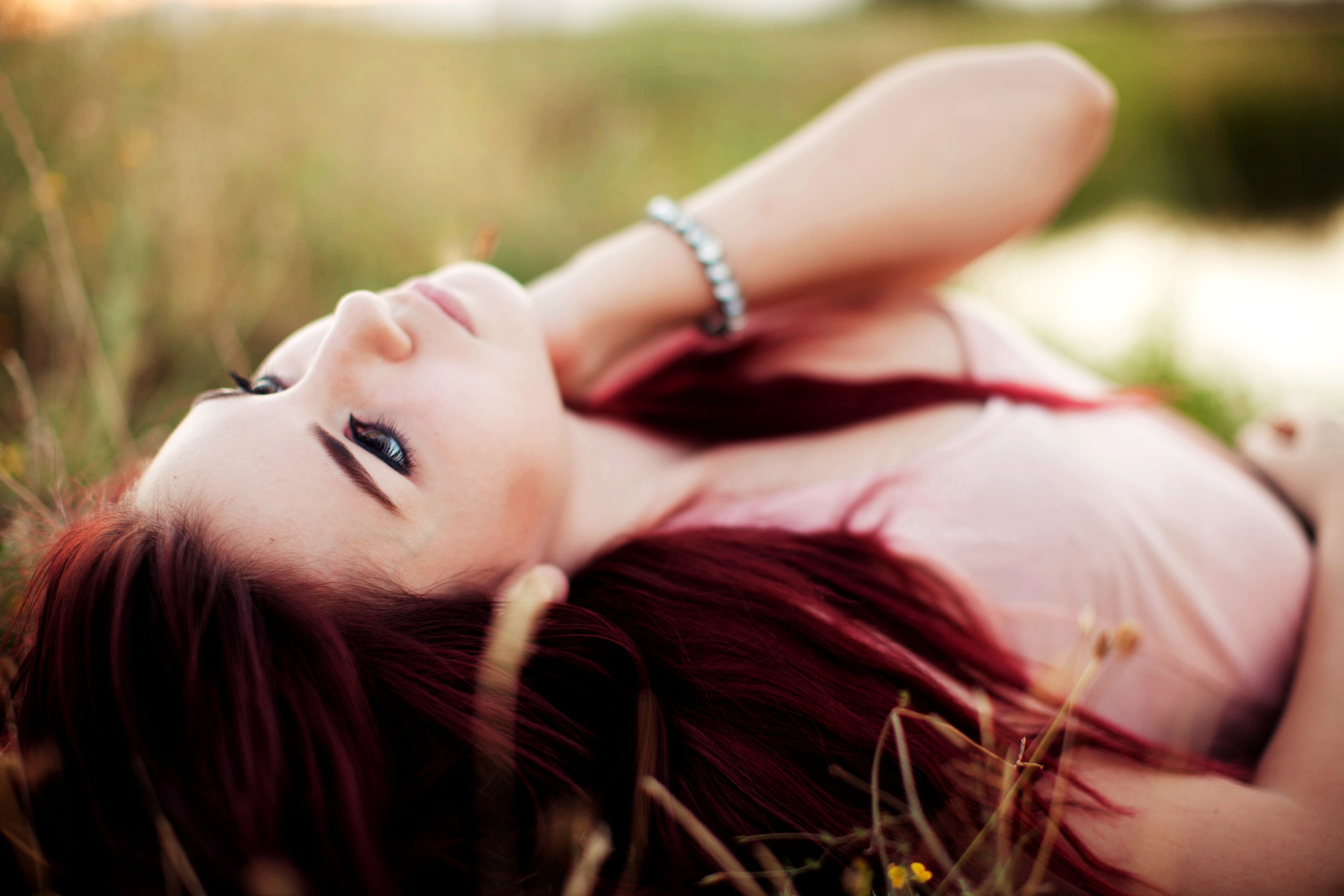 face, Women, Redhead, Grass, Tosha McCarter, Lying Down, Looking Up Wallpaper HD / Desktop and Mobile Background