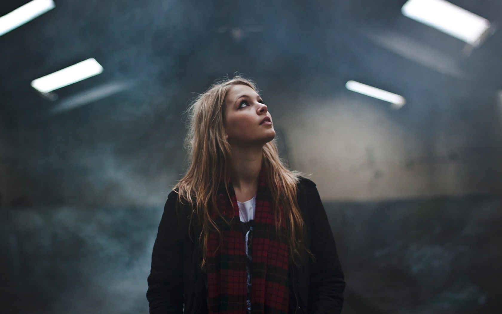 #looking up, #women, #blonde, #depth of field, #black jackets, #scarf, wallpaper. Mocah.org HD Desktop Wallpaper