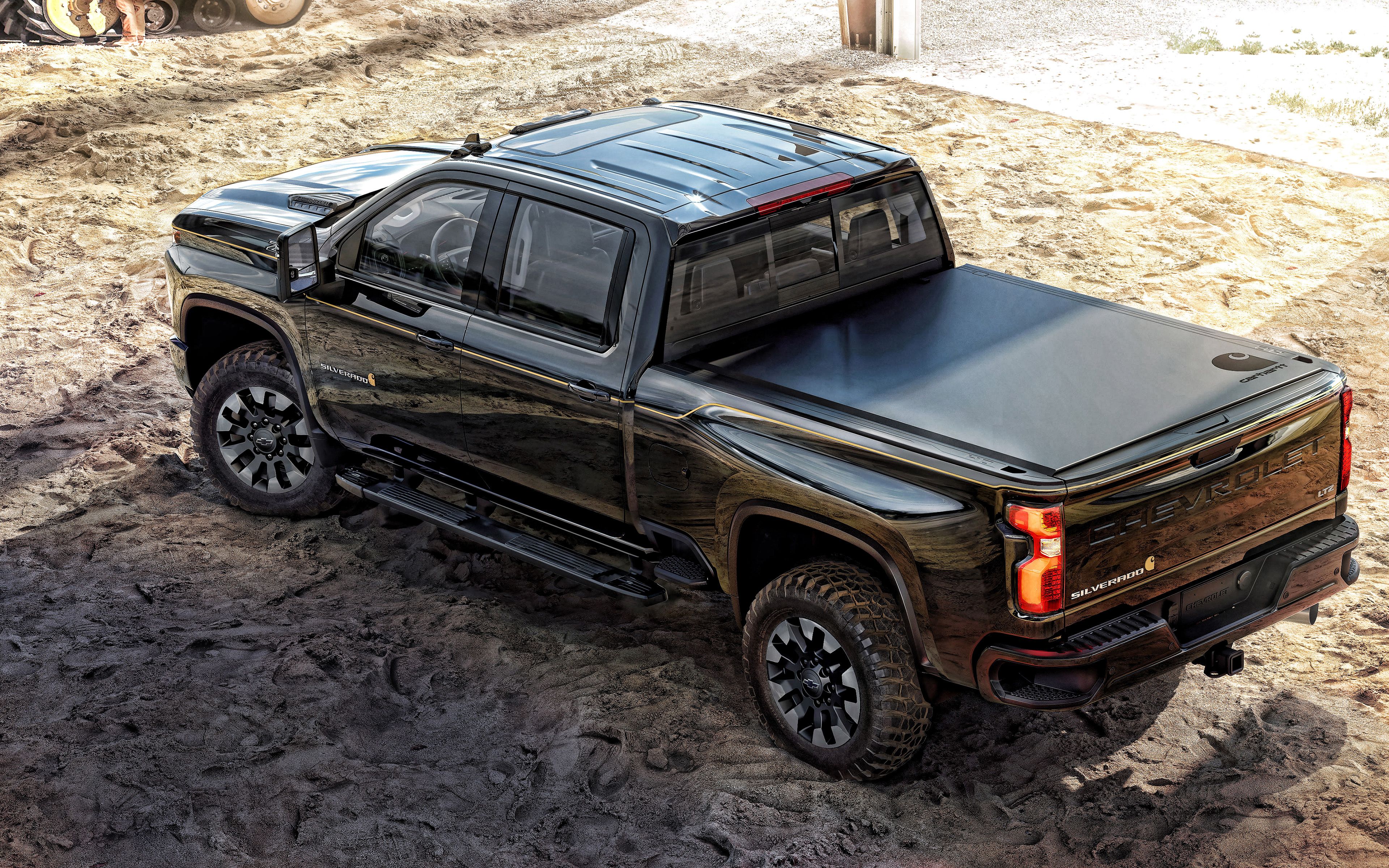 Download wallpaper 2021, Chevrolet Silverado, rear view, exterior, black pickup truck, new black Silverado, american cars, Chevrolet for desktop with resolution 3840x2400. High Quality HD picture wallpaper