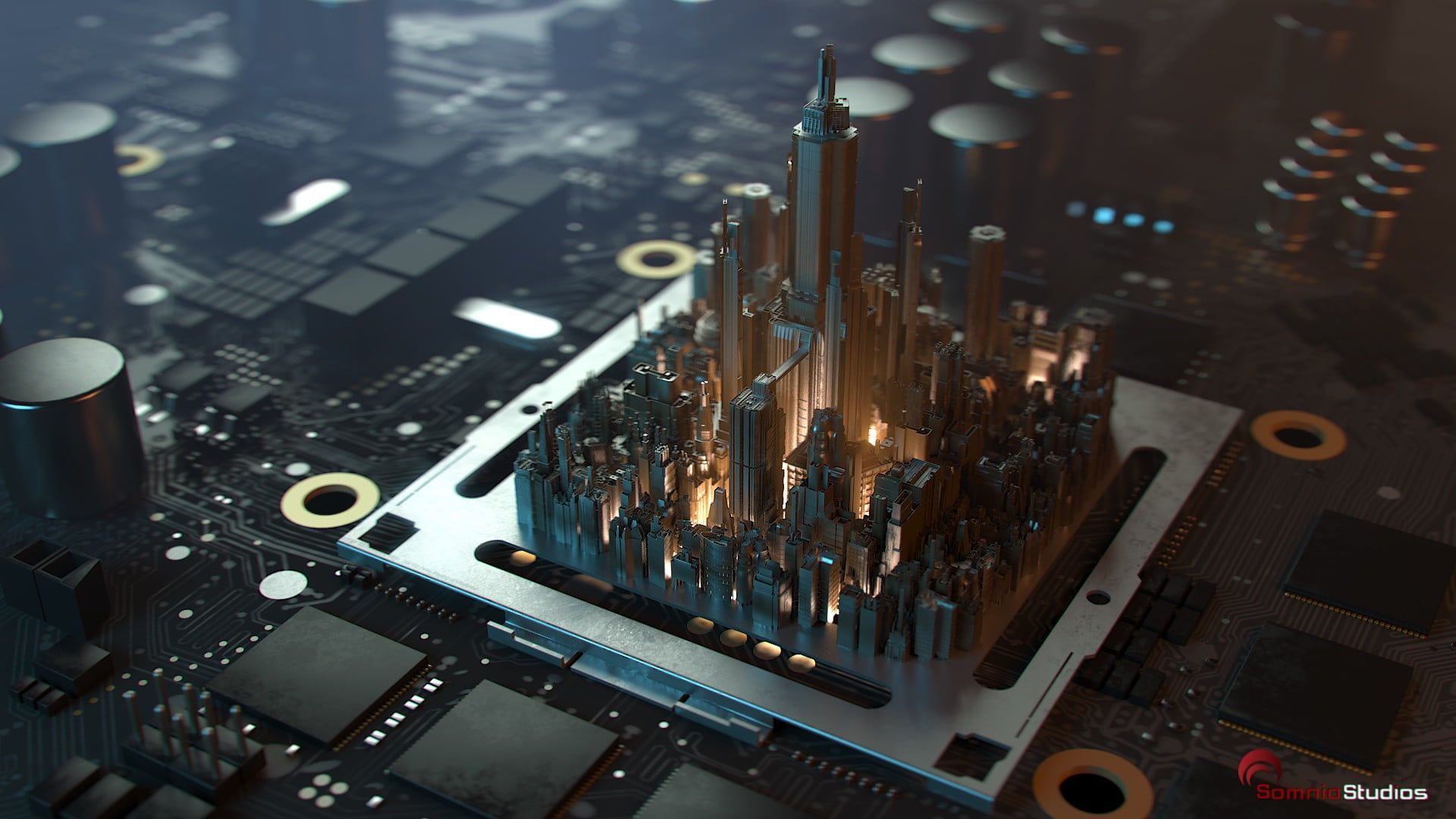 black circuit board, computer part HD wallpaper #circuits #city #CPU #skyscraper #microchip depth of field. Circuit city, Concept art, High resolution wallpaper