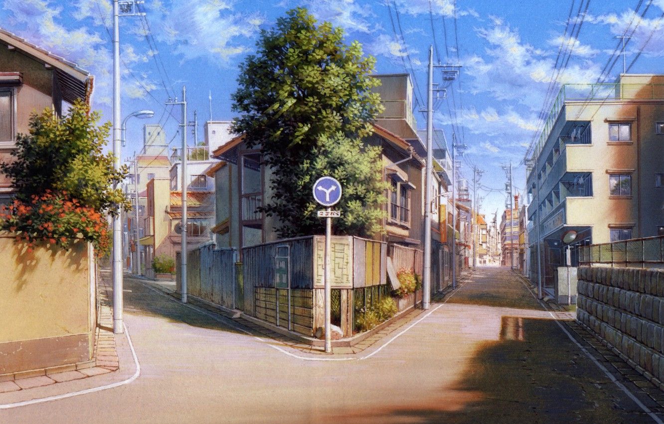 Wallpaper summer, trees, the city, sign, street, posts, wire, the fence, home, Japan, art, fork, the Girl who Leapt through Time, Nidzo Ymamoto, The girl who conquered time image for desktop, section