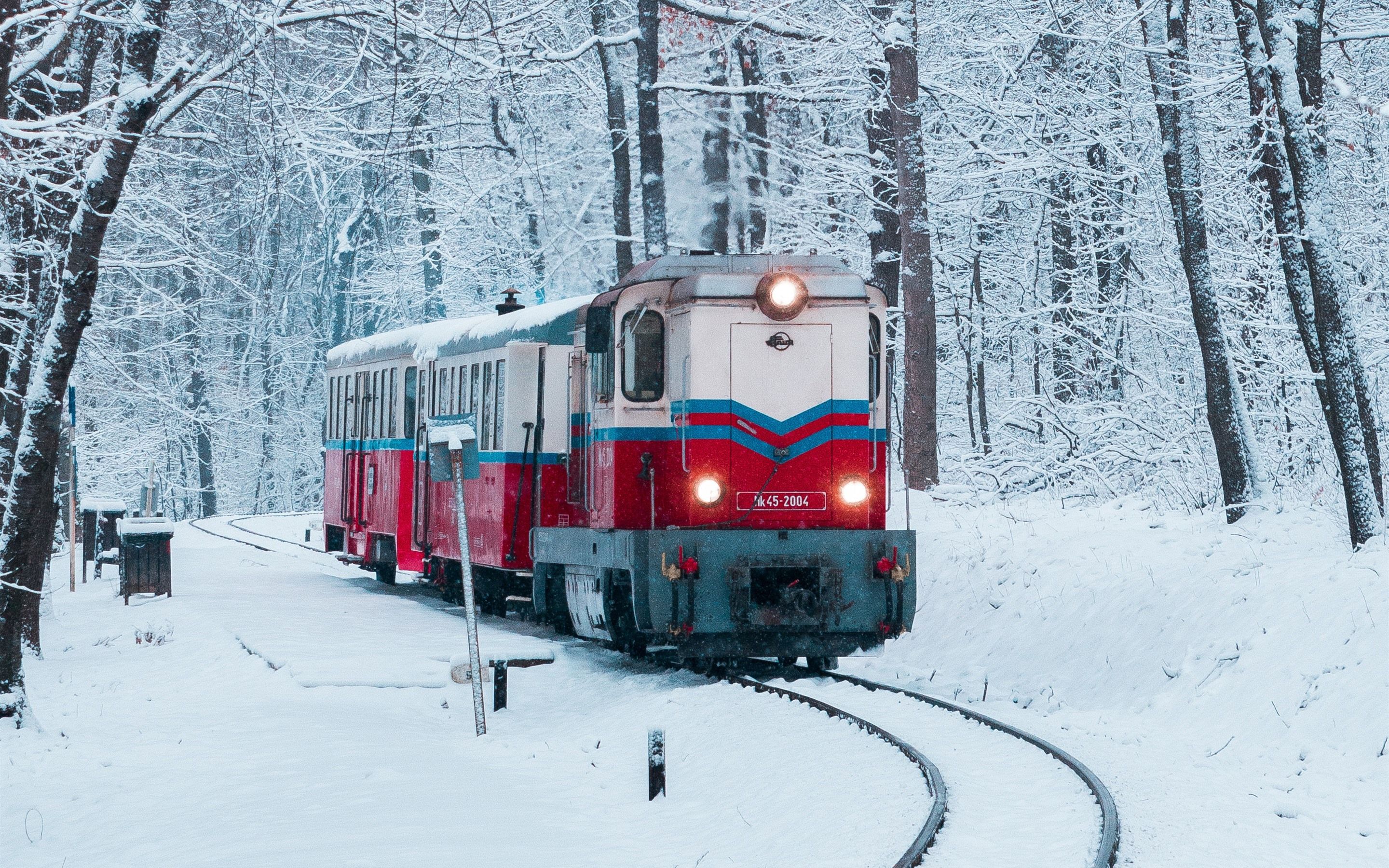 Wallpaper Winter, snow, train, railway, trees 2880x1800 HD Picture, Image