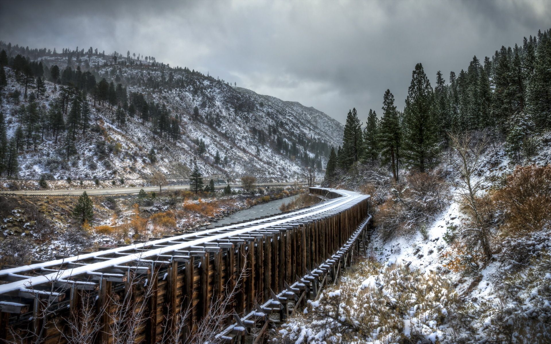 Railroad railway train tracks bridges architecture nature landscapes trees winter snow sky clouds roads wallpaperx1200