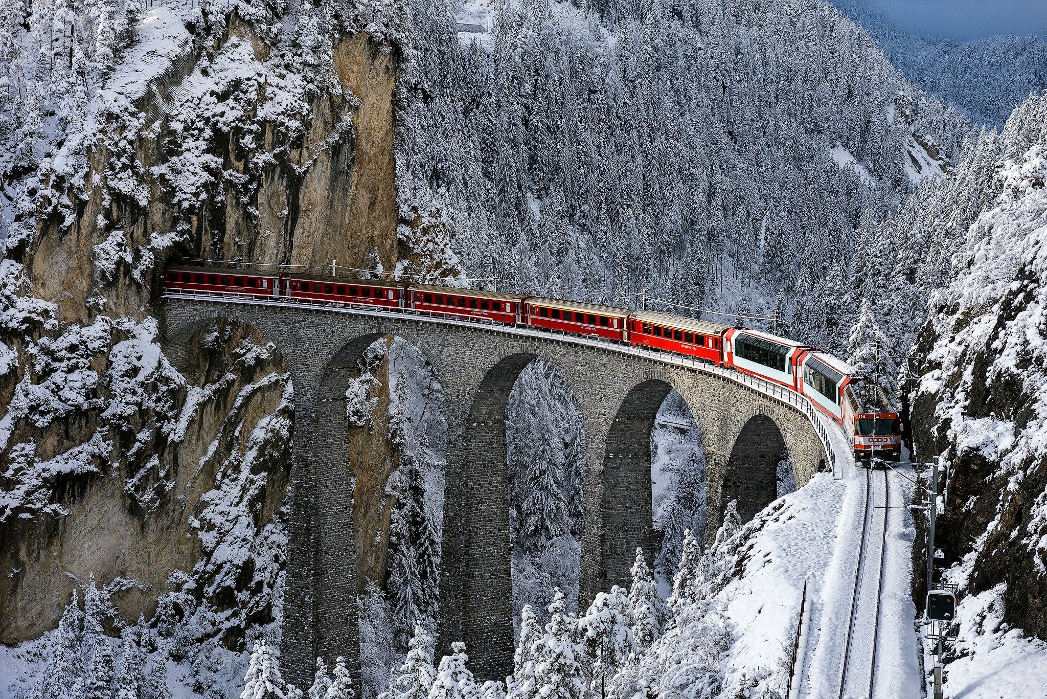 train, Railway, Bridge, Winter, Snow, Trees, Forest, Mountain, Tunnel, Switzerland Wallpaper HD / Desktop and Mobile Background