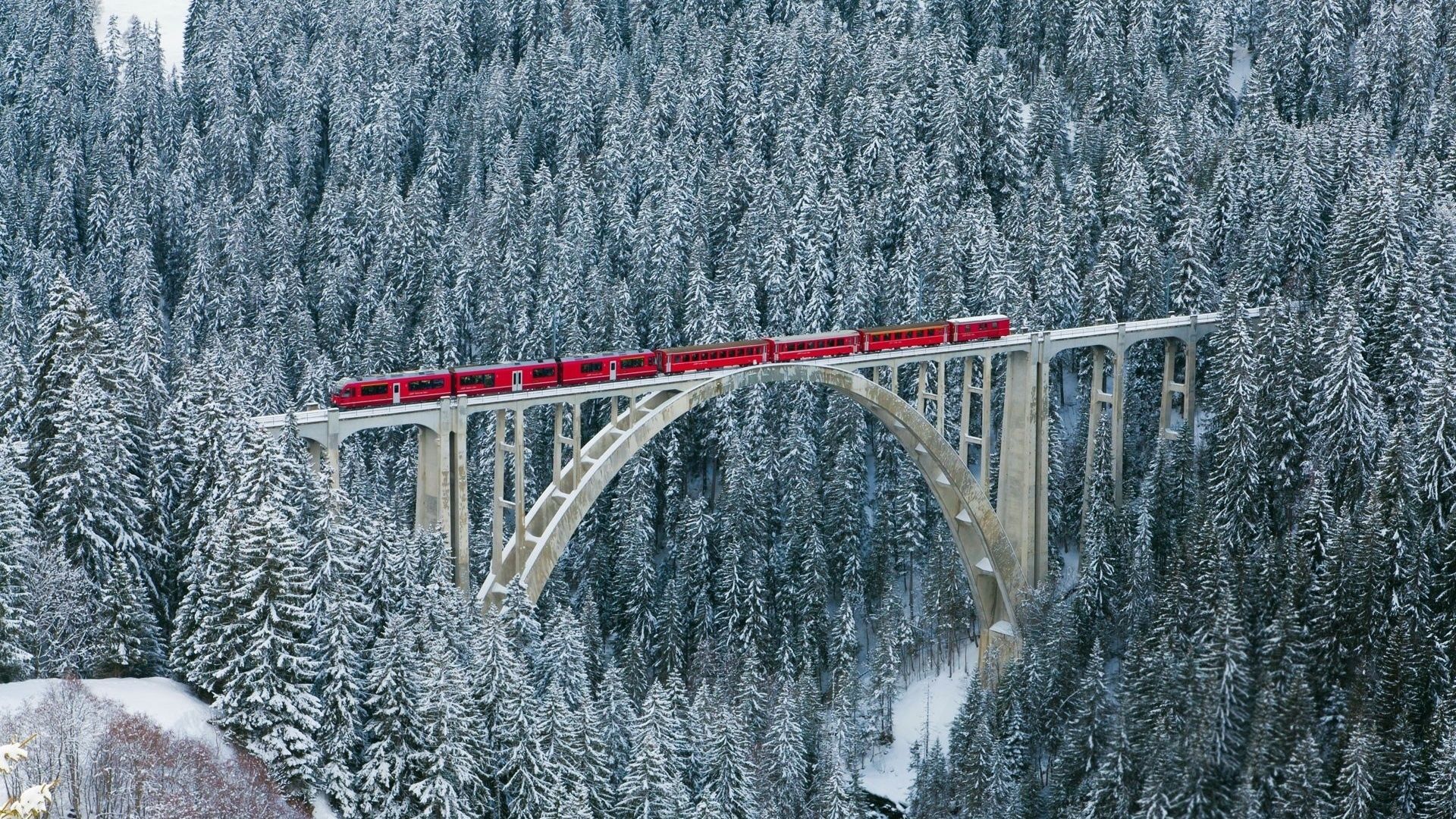 Switzerland alps mountains forest winter nature train bridge train super photo wallpaperx1080