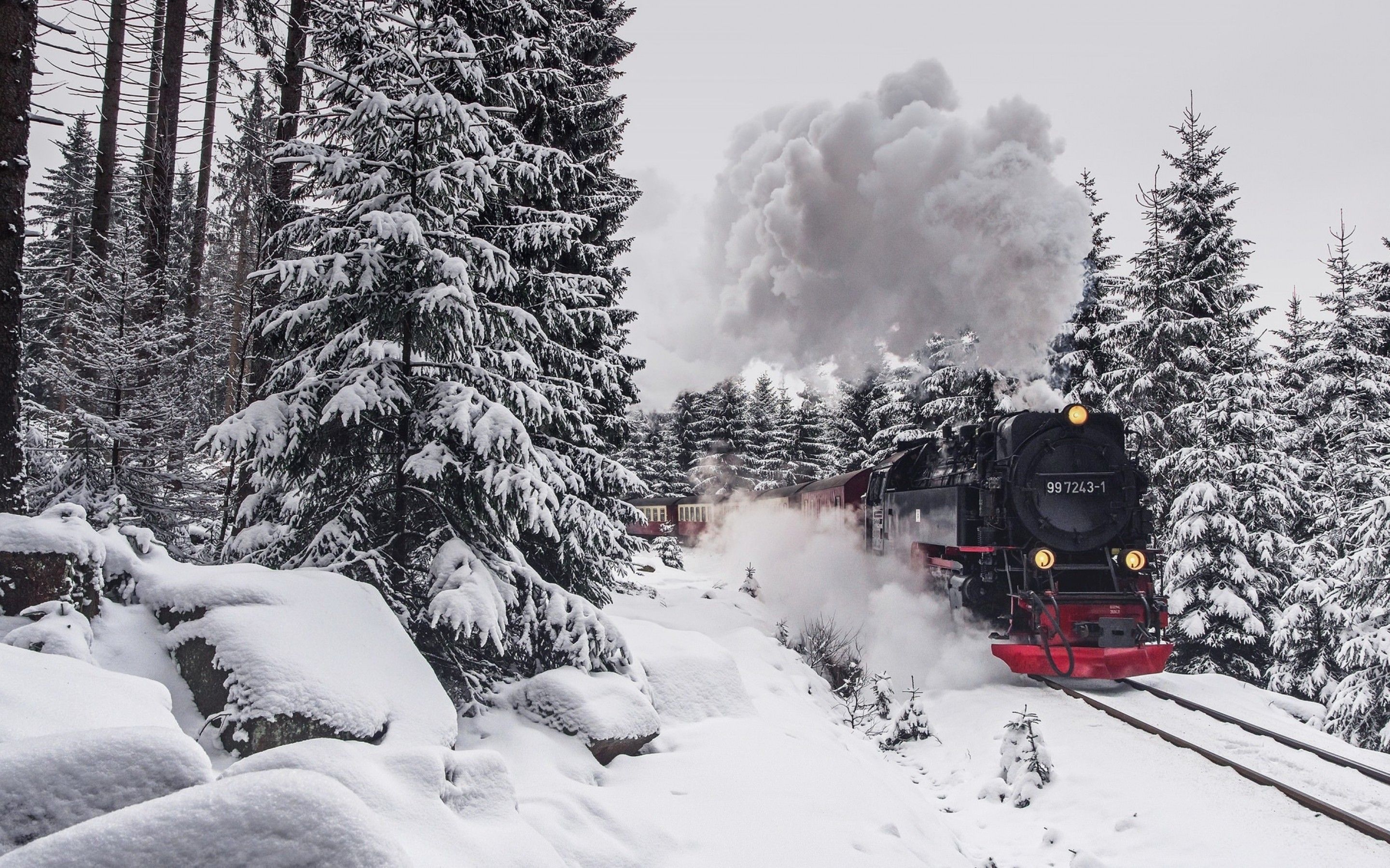 Download 2880x1800 Steam Train, Snow, Winter, Trees Wallpaper for MacBook Pro 15 inch