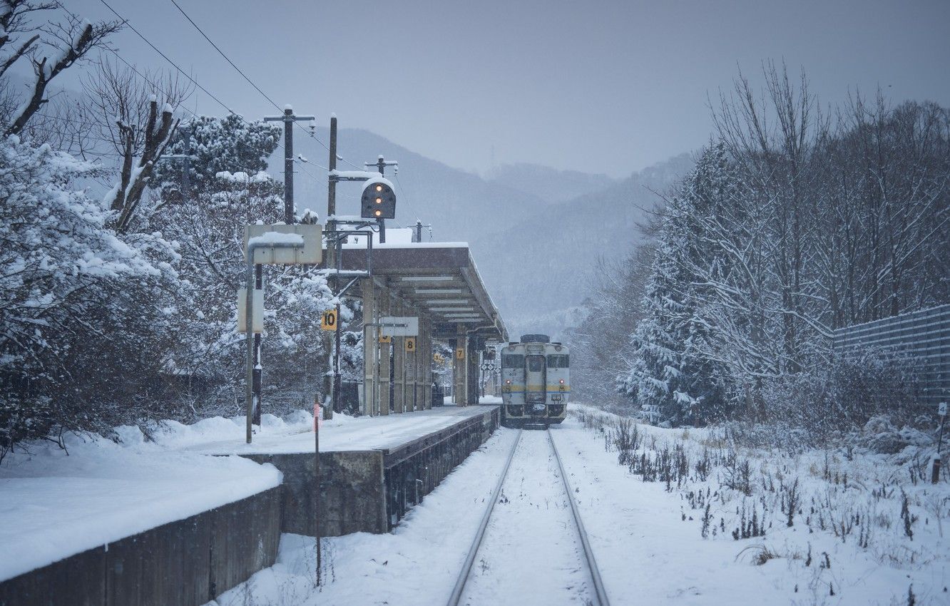 Wallpaper Winter, Japan, Station, Train, Railroad, Landscape image for desktop, section природа