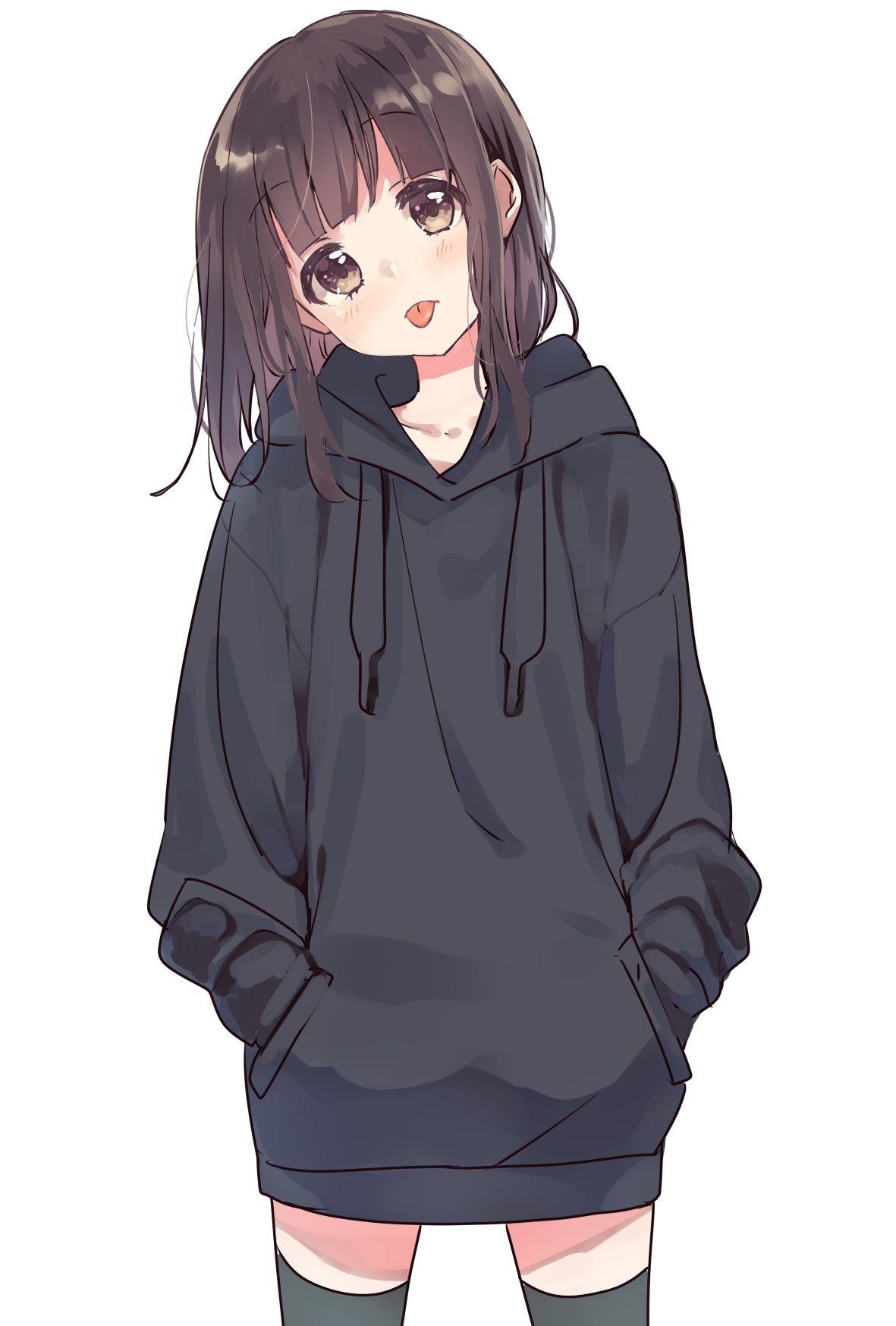 Cute Anime Girl In Black Hoodie gambar ke 1