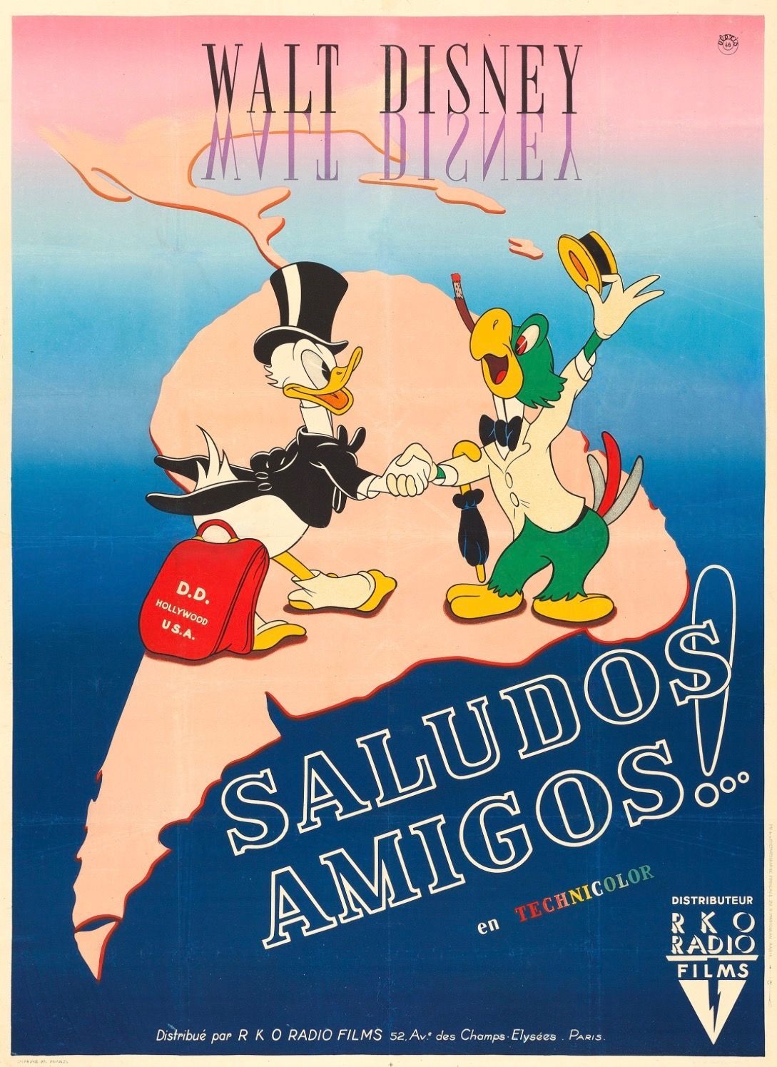 Saludos amigos, French movie poster, 1942. French movie posters, Concept art, Disney package