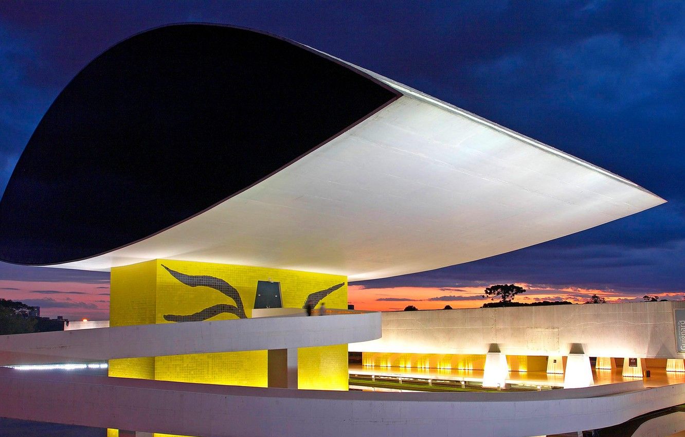 Wallpaper night, lights, Museum, Brazil, Curitiba, Oscar Niemeyer, Paraná image for desktop, section город